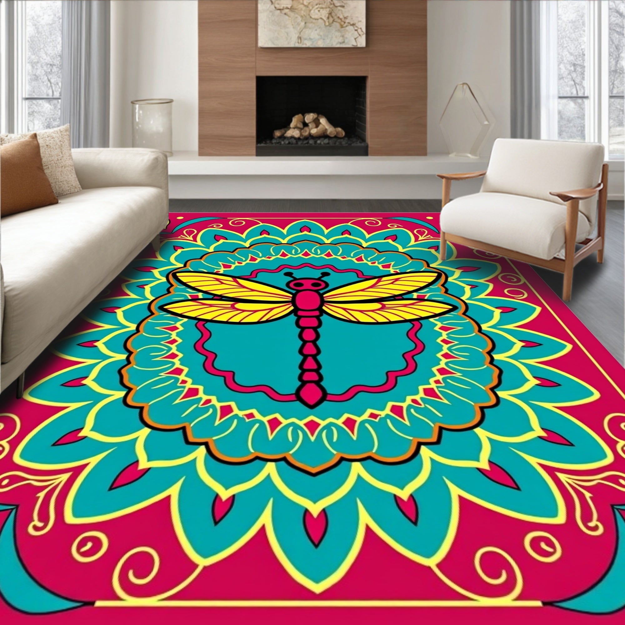 Vibrant Dragonfly Mandala Teal Pink Yellow Rug