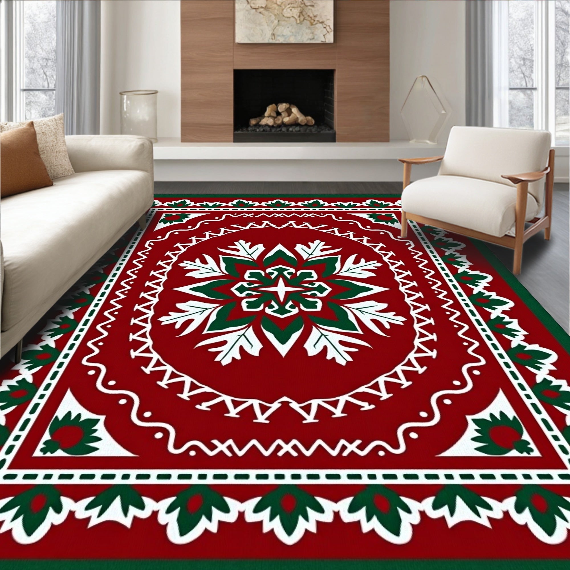 Crimson Emerald Folk Floral Medallion Rug