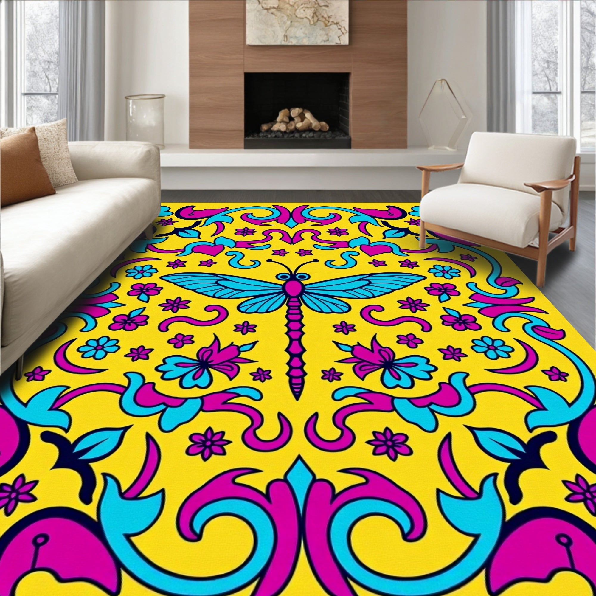 Whimsical Teal Dragonfly Floral Yellow Rug