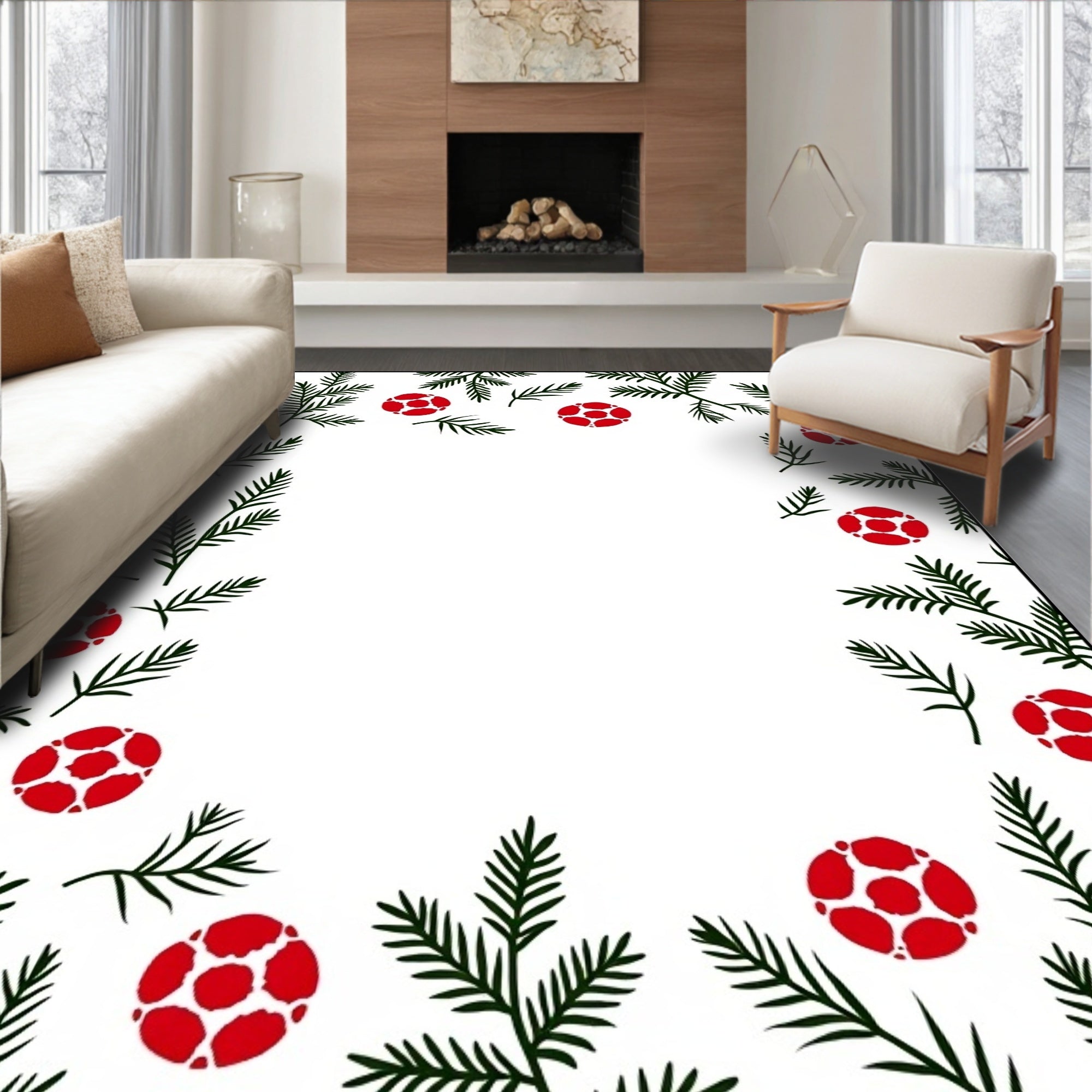 Festive Evergreen Berry Sprig Border Rug