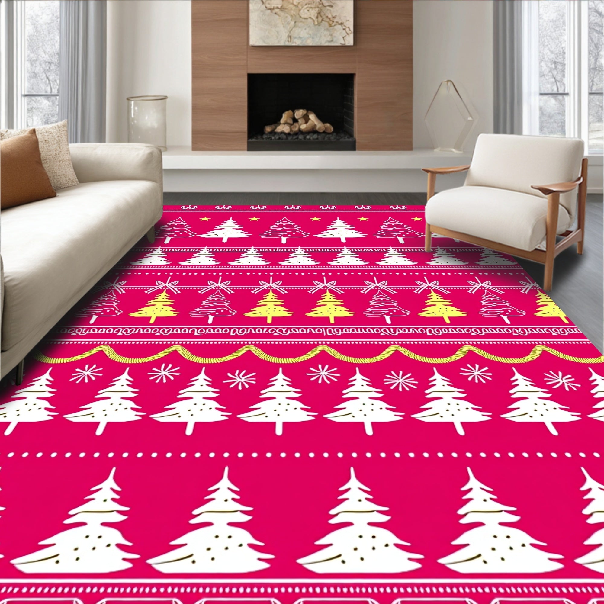 Festive White Christmas Trees Yellow Stars Rug