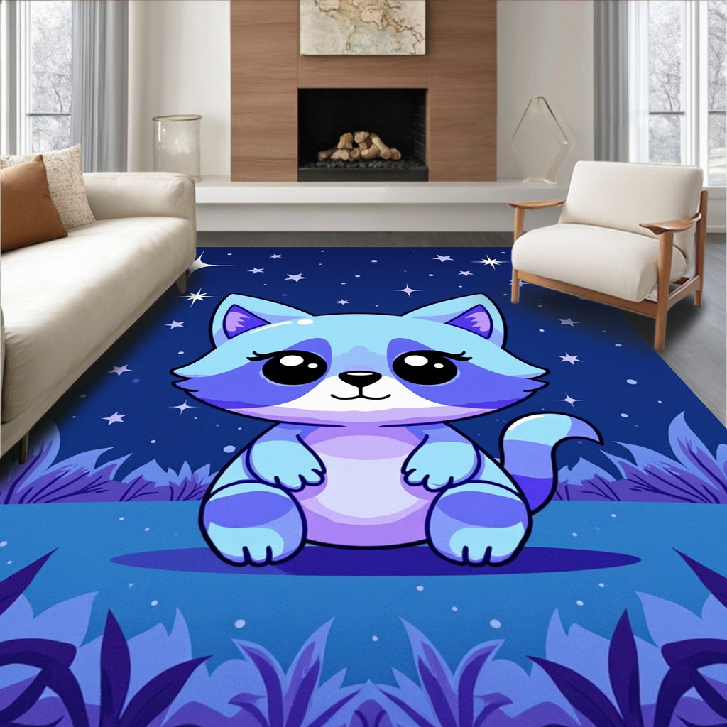 Cute Blue Raccoon Starry Night Rug
