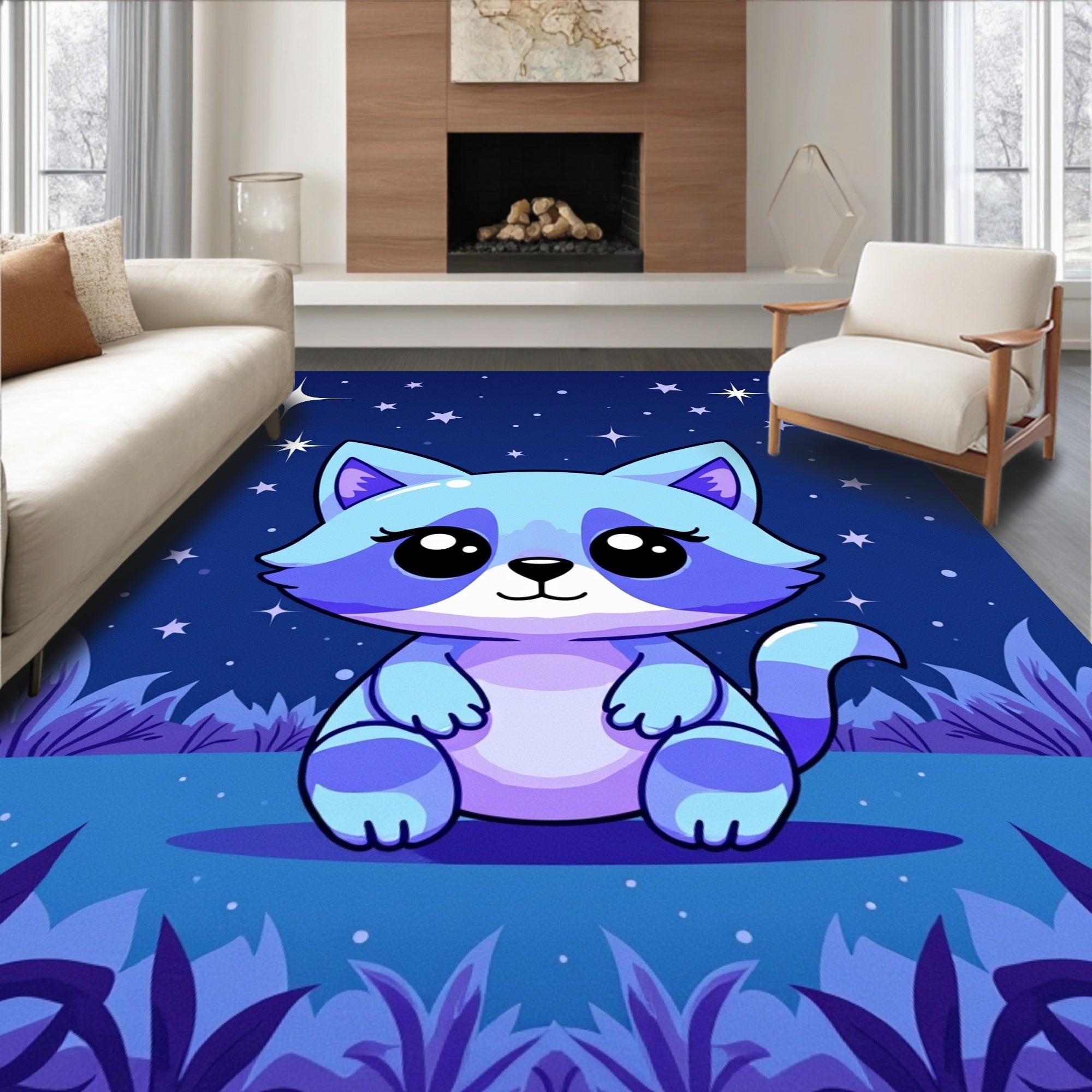 Cute Blue Raccoon Starry Night Rug
