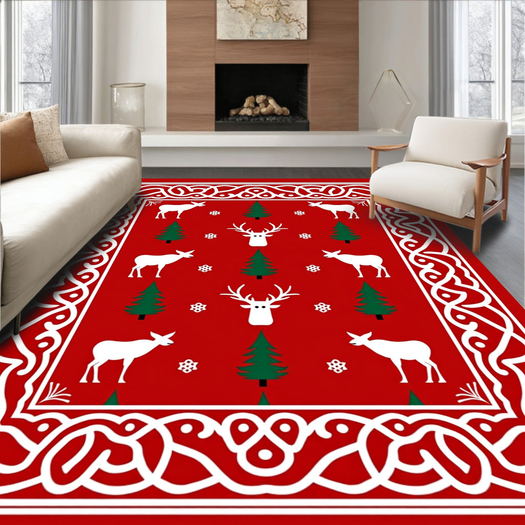 Red White Green Holiday Deer Trees Border Rug
