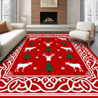 Red White Green Holiday Deer Trees Border Rug