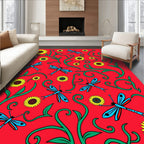 Red Sunflower Dragonfly Whimsical Vines Rug