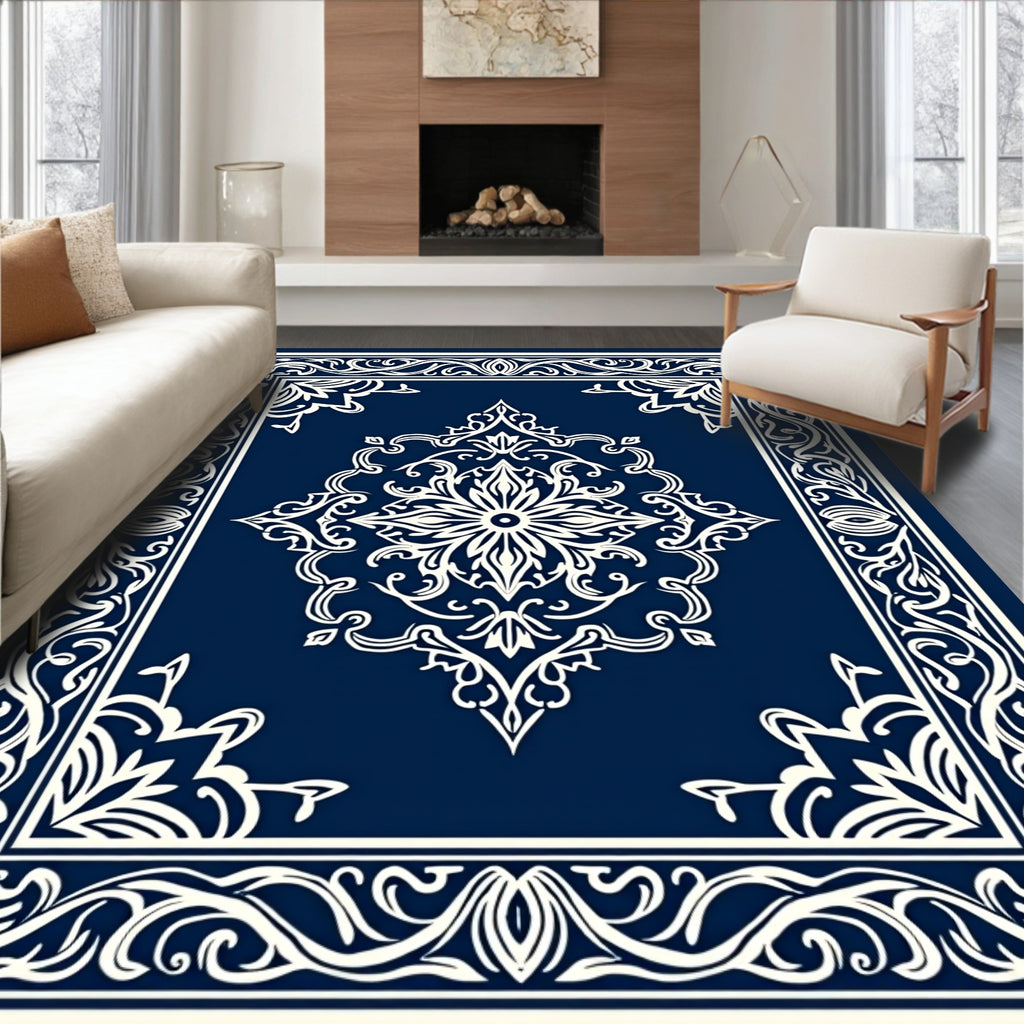 Deep Blue Ornamental Medallion Border Rug