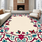 Crimson Teal Butterfly Floral Border Rug