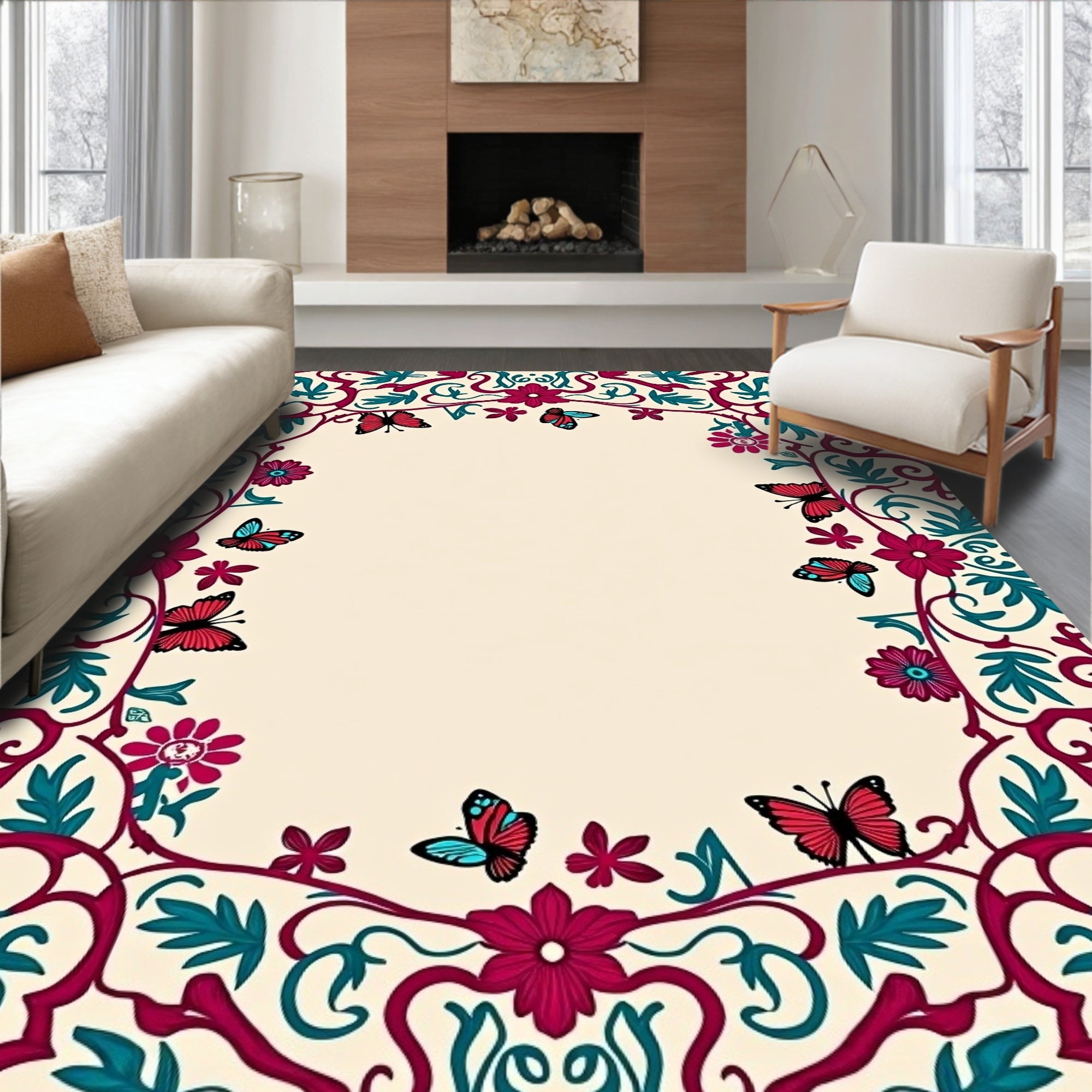 Crimson Teal Butterfly Floral Border Rug
