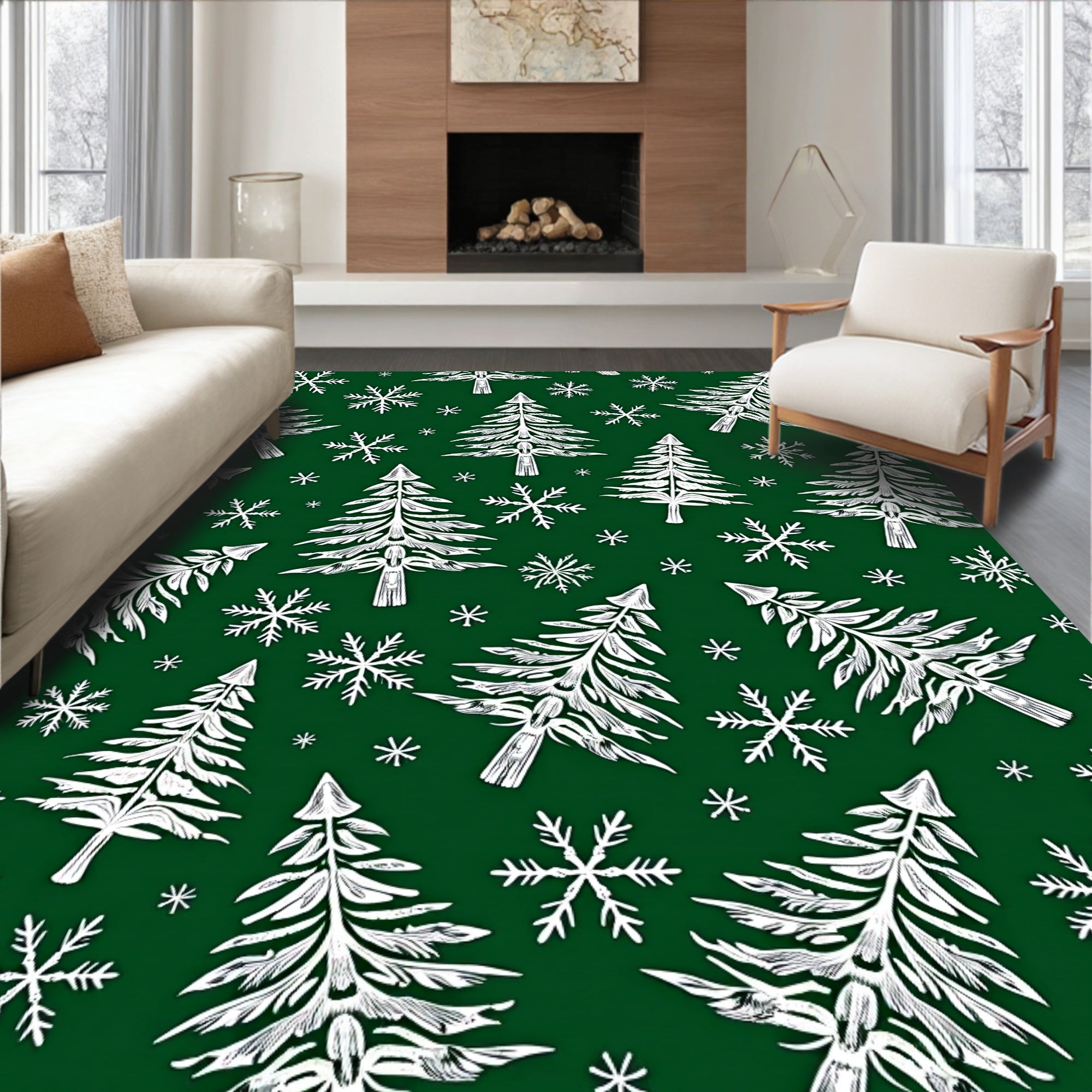 Forest Green White Evergreen Snowflakes Rug