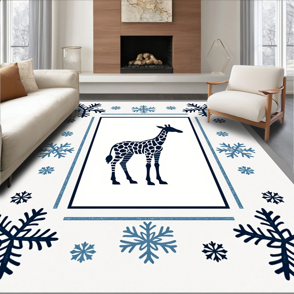 Navy Giraffe Snowflakes Frame Rug