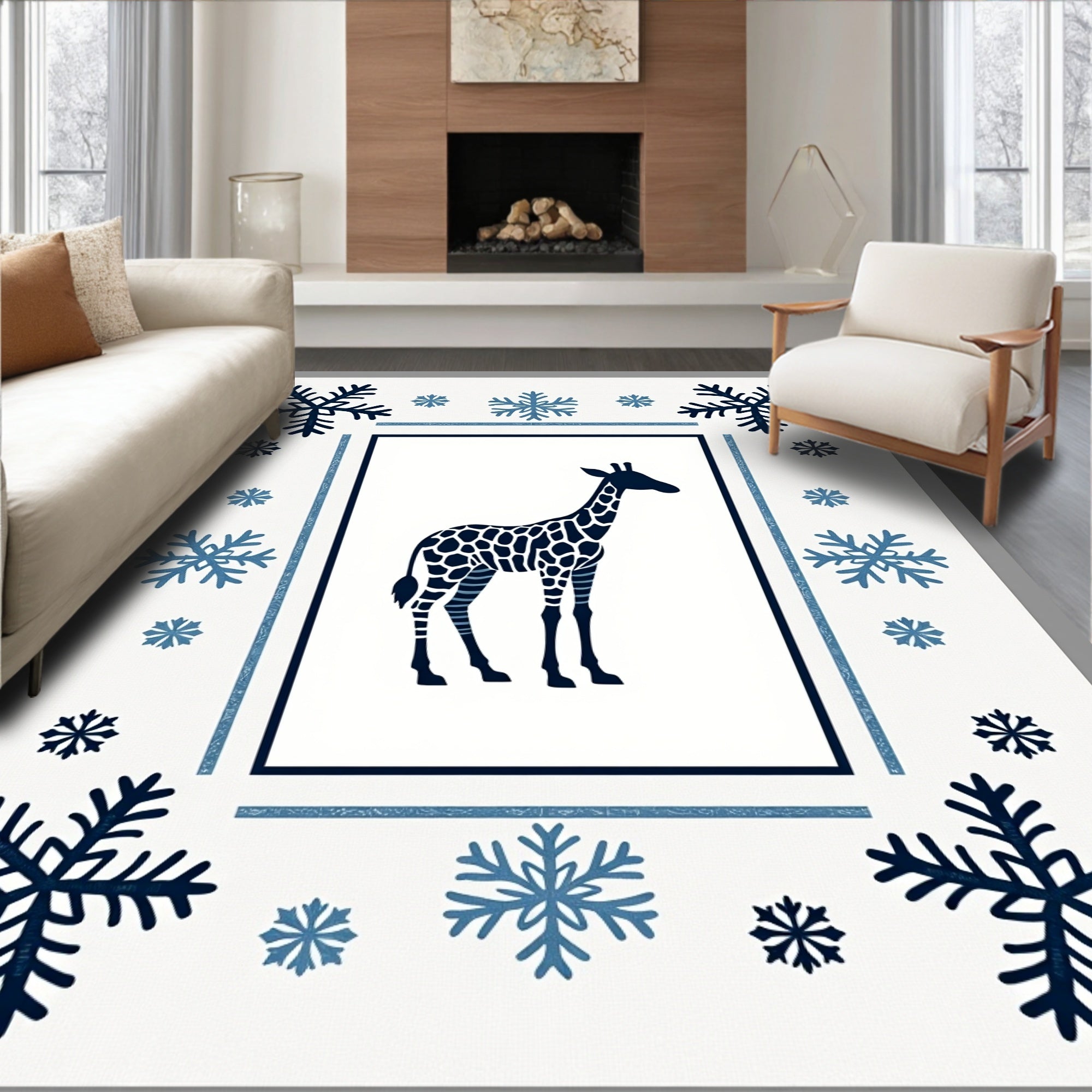 Navy Giraffe Snowflakes Frame Rug