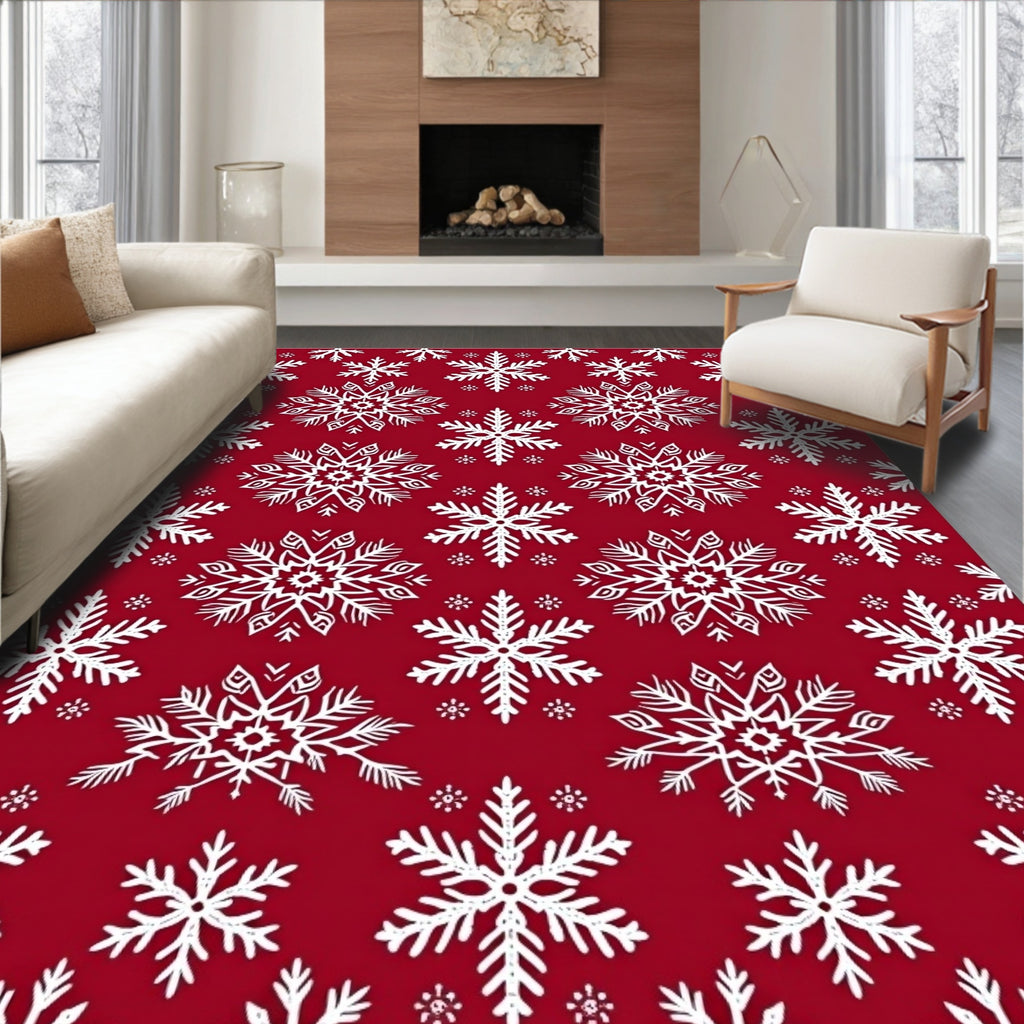 Crimson White Snowflake Winter Medallion Rug