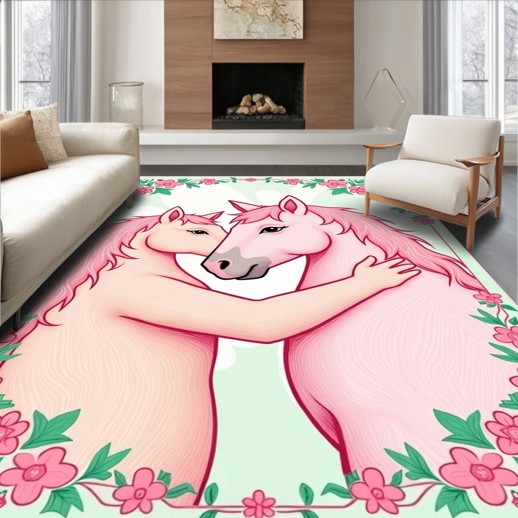 Pink Horses Floral Border Embrace Rug