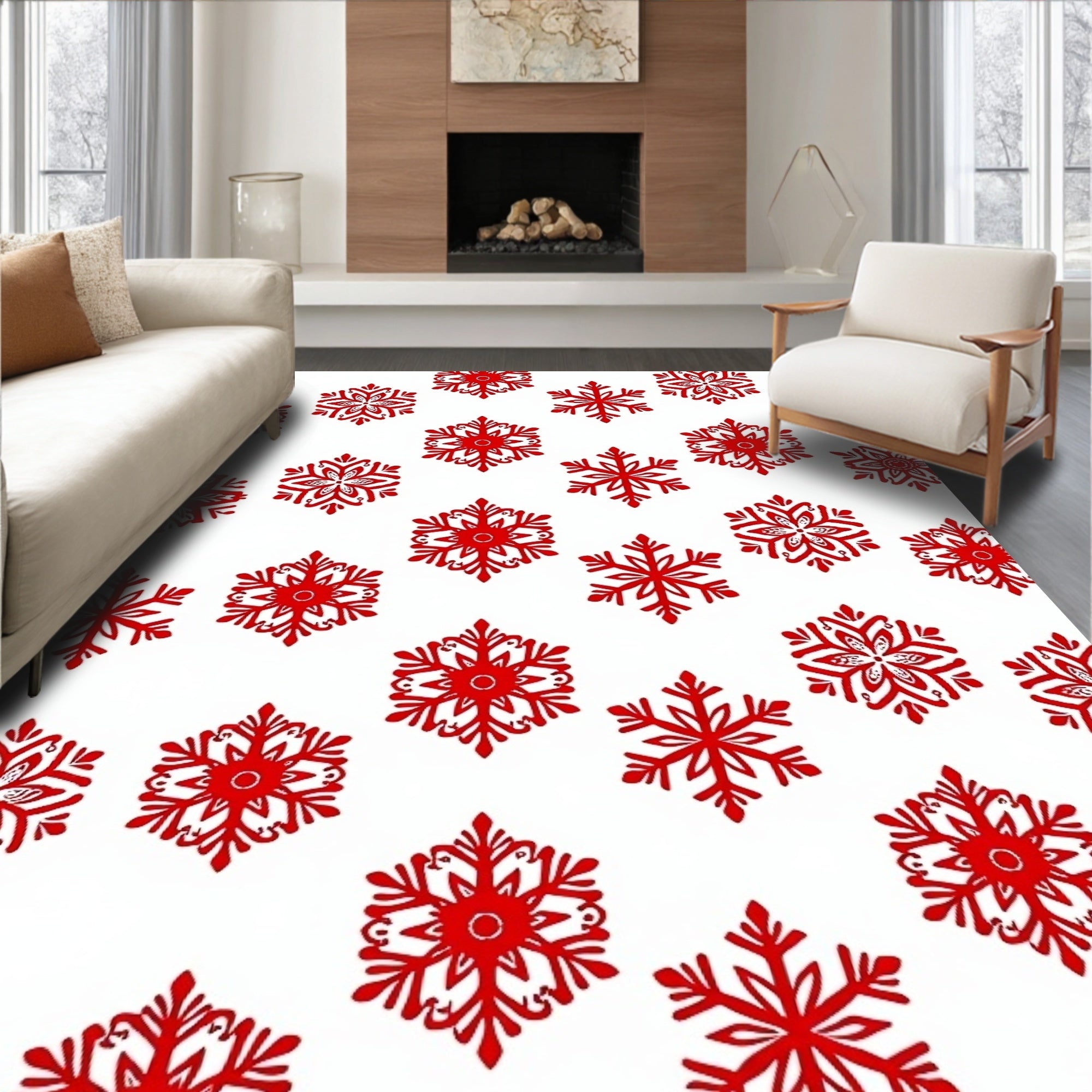 Red Snowflake Scattered Holiday Rug