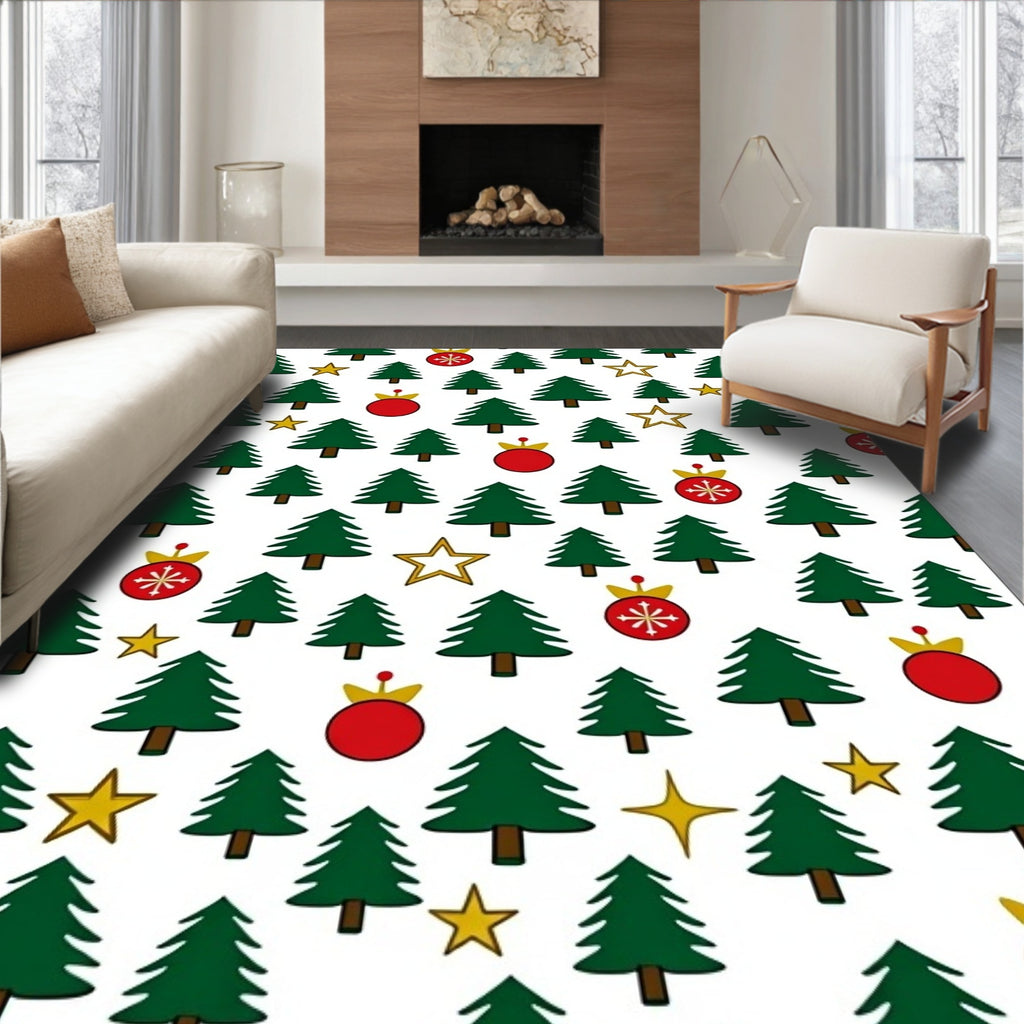 Green Christmas Trees Red Ornaments Gold Stars Rug