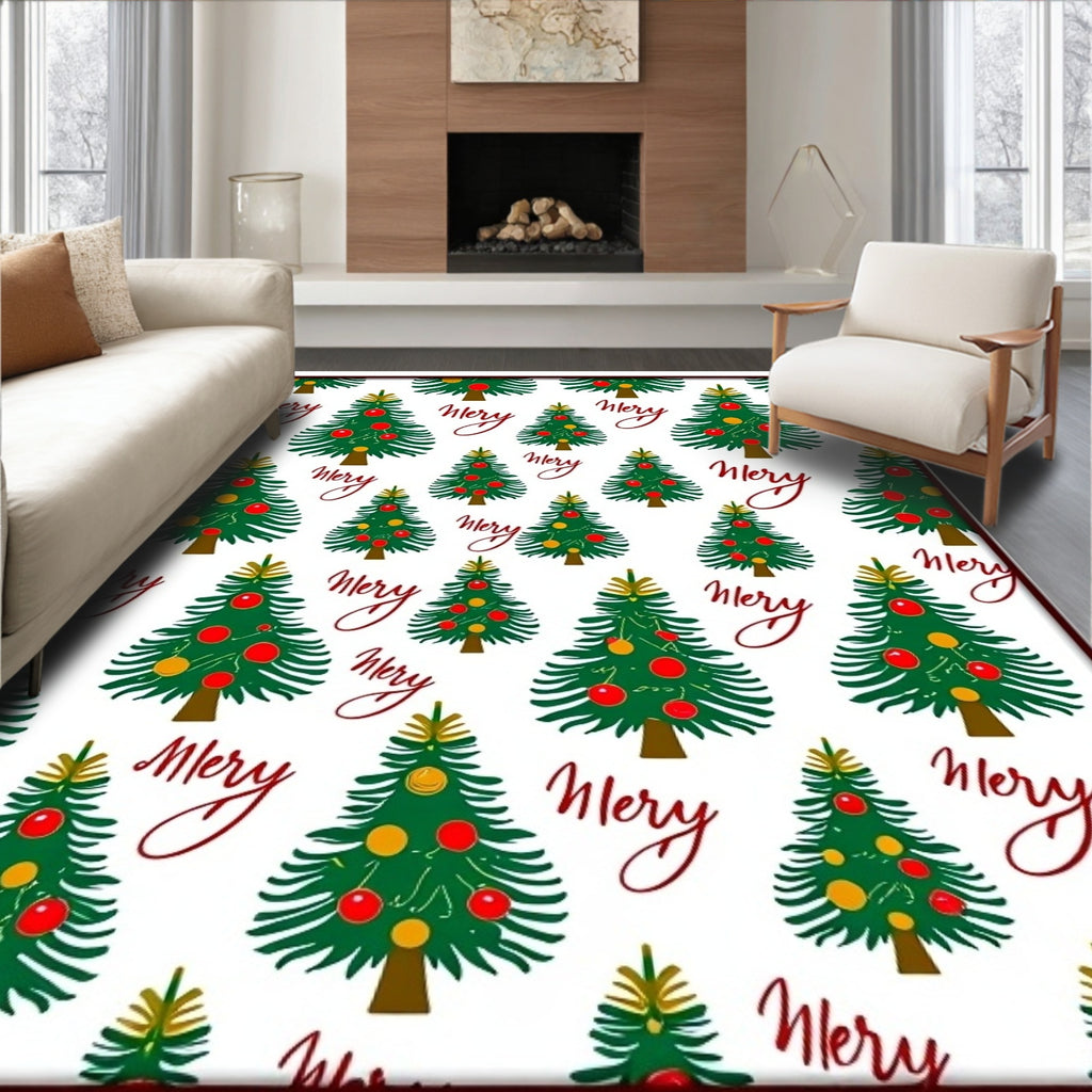Merry Christmas Trees Green Red Ornaments Rug
