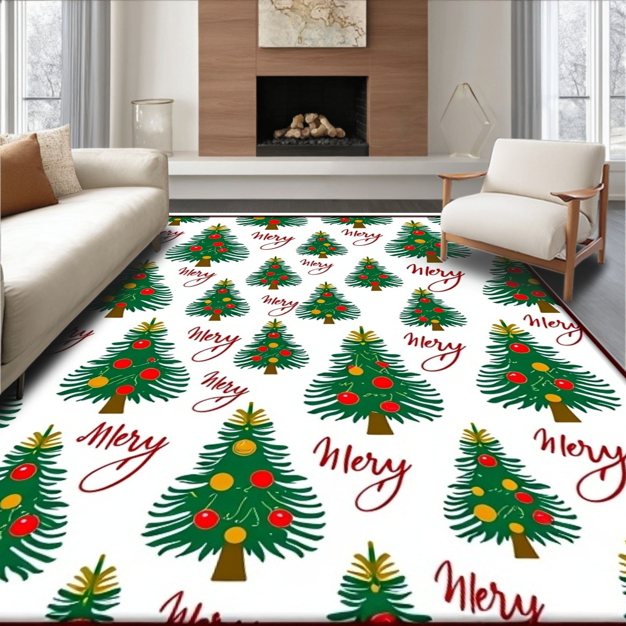 Merry Christmas Trees Green Red Ornaments Rug