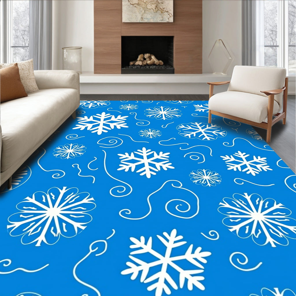 White Snowflake Swirl Blue Background Rug