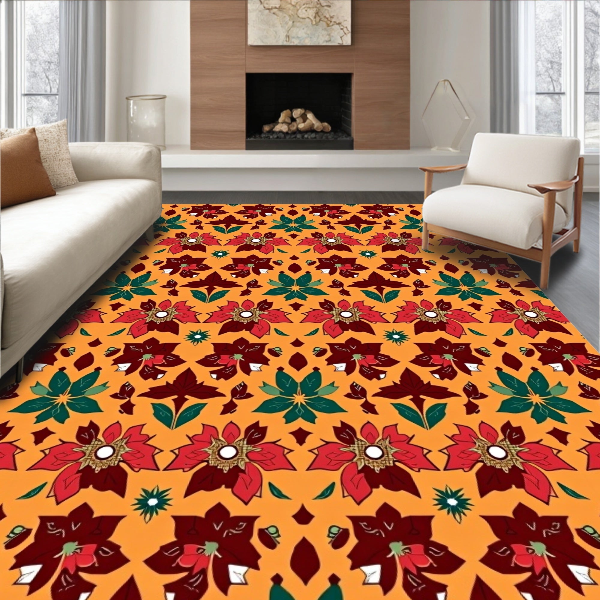 Vibrant Red Teal Floral Medallion Rug