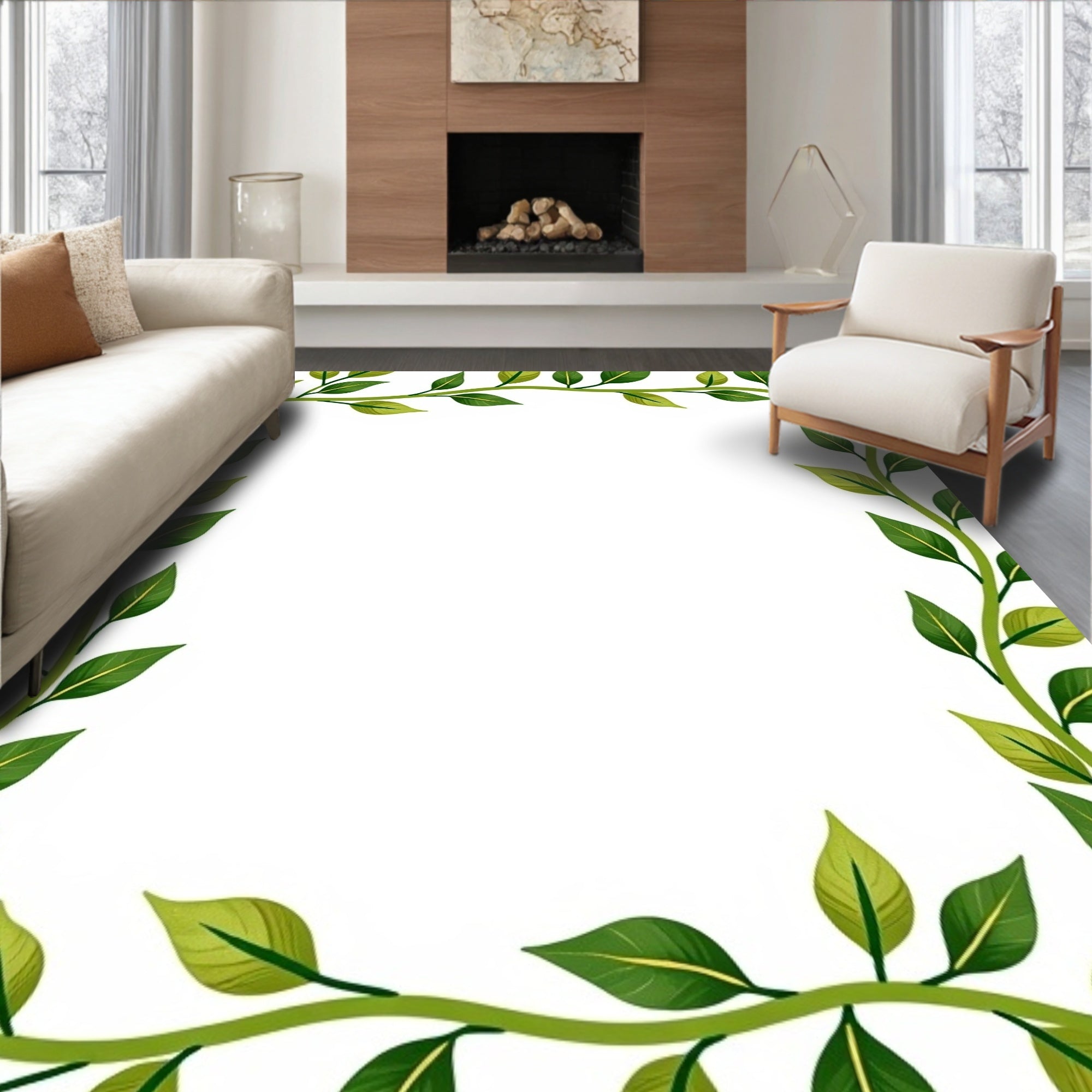 Verdant Green Leafy Vine Border Rug
