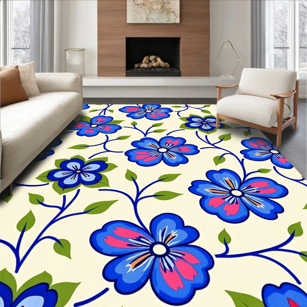 Vibrant Blue Pink Floral Vine Rug