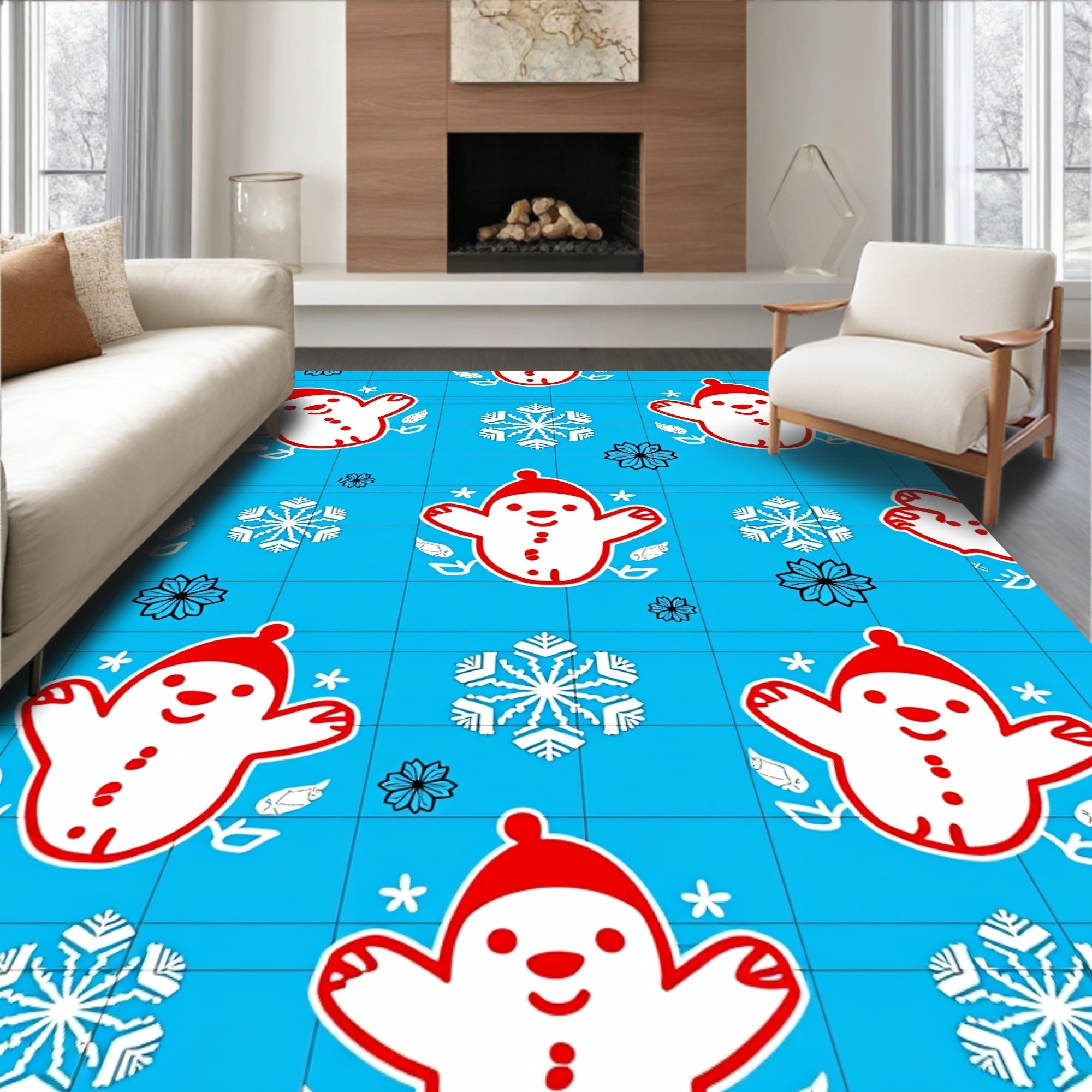 Happy Snowman Snowflakes Red White Blue Rug