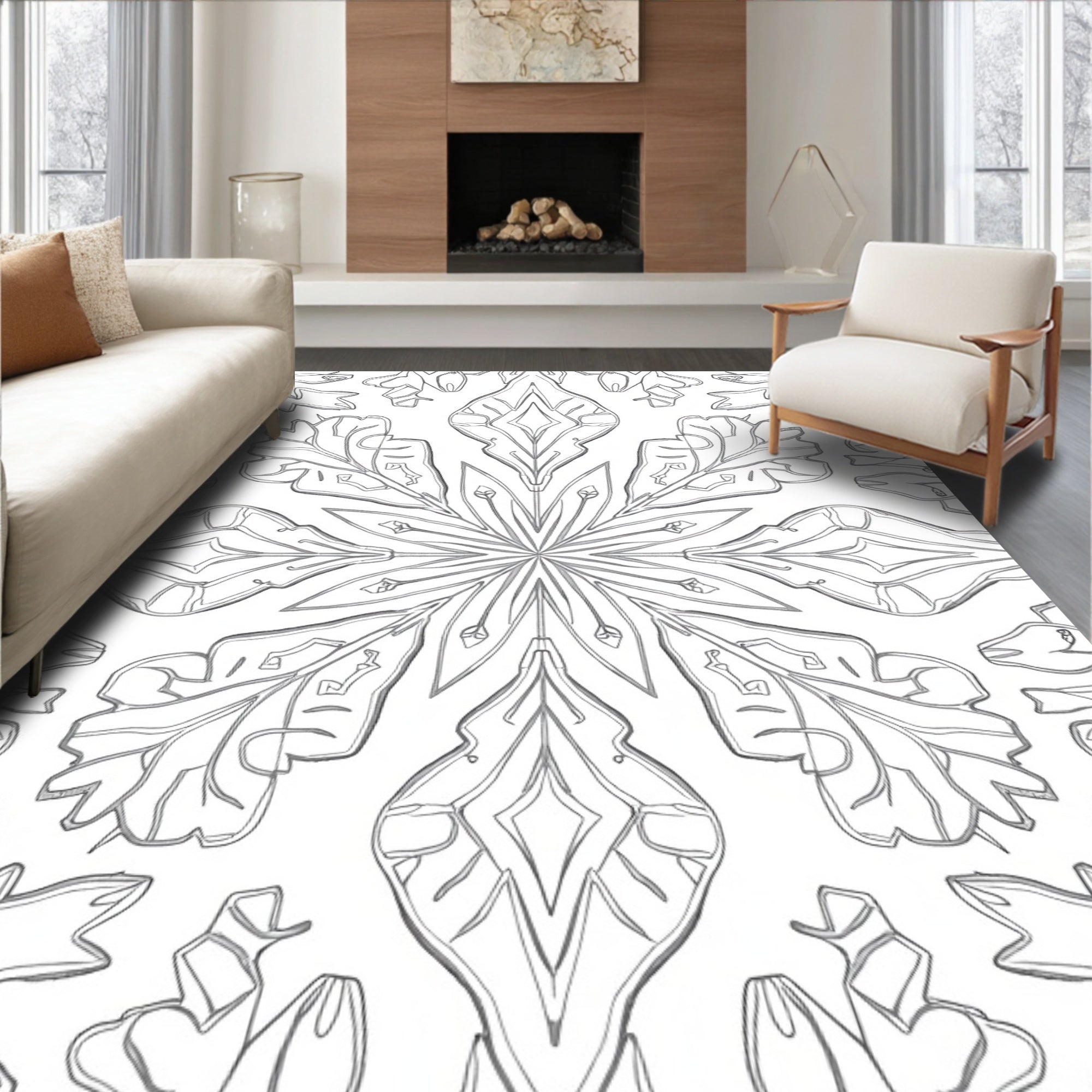 Monochromatic Floral Mandala Outline Rug