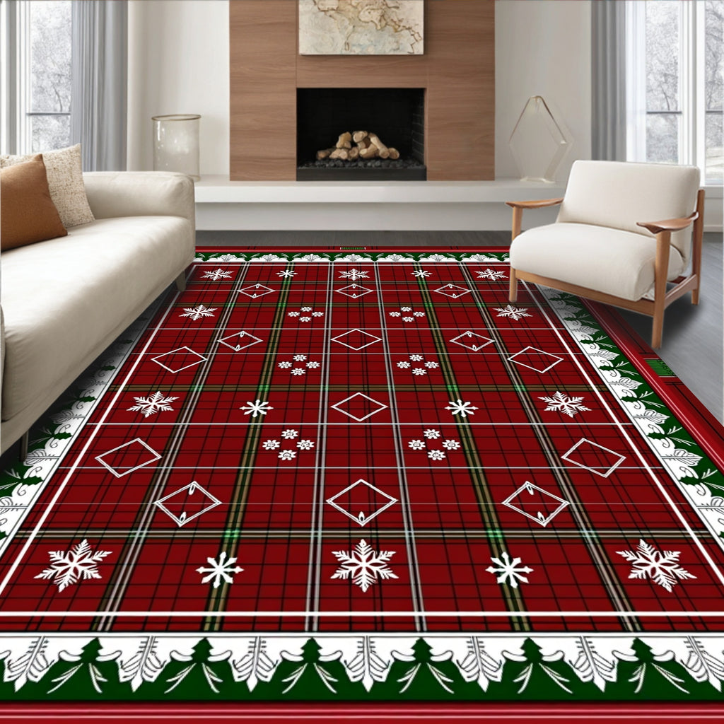 Crimson Plaid Snowflake Diamond Medallion Rug