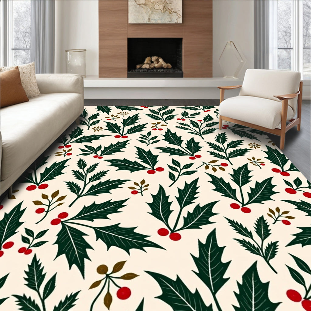 Festive Holly Berry Leaf Scatter Rug