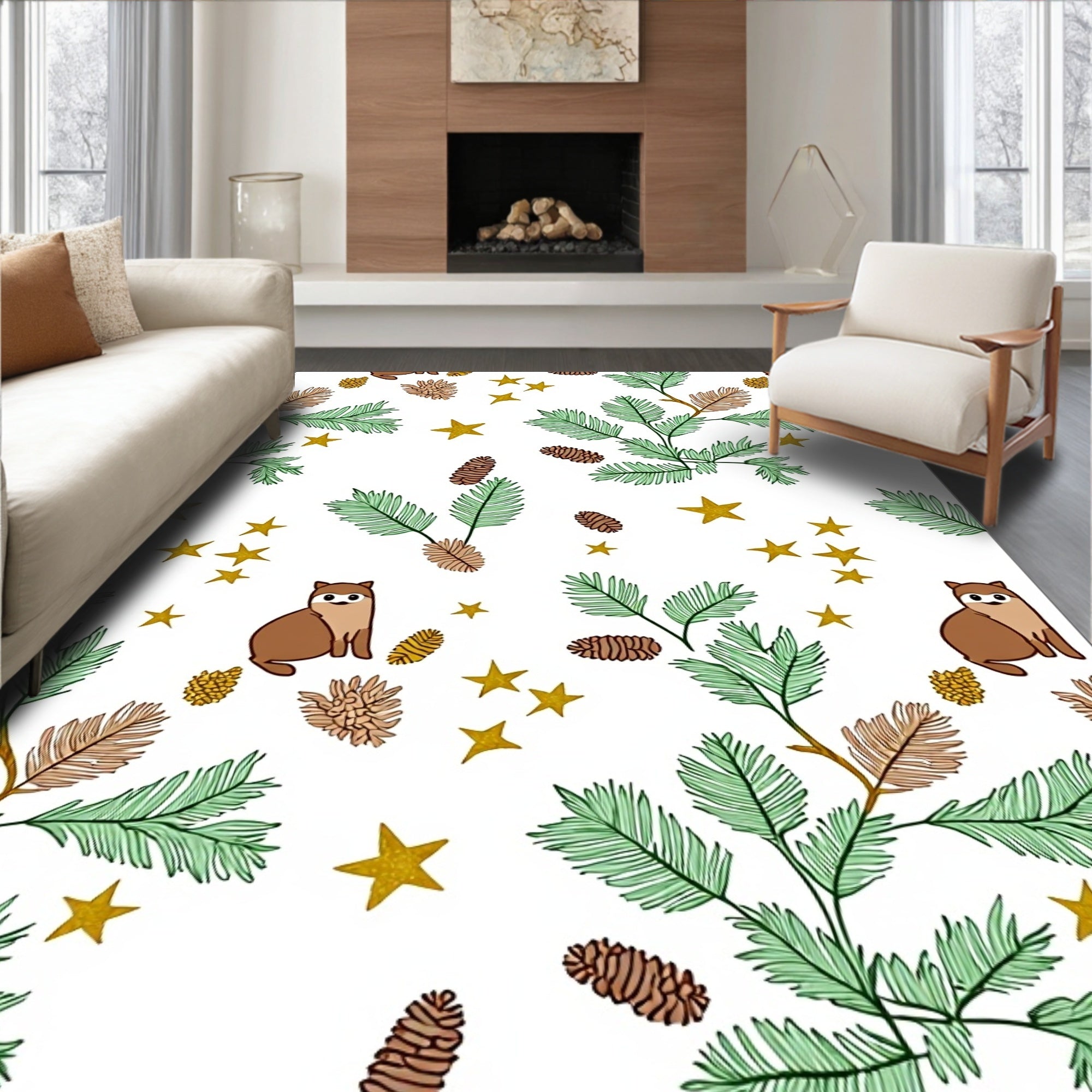 Cute Animals Green Pine Stars Rug