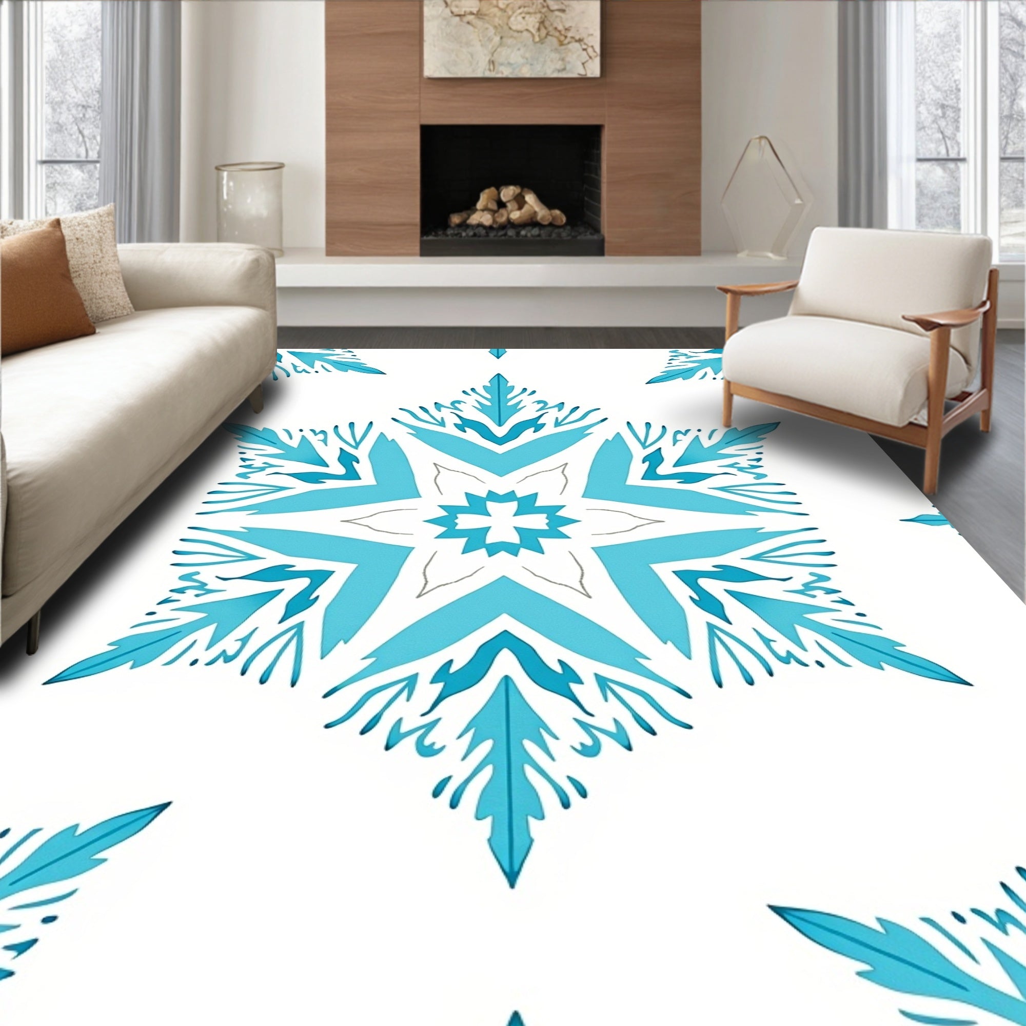Aqua Snowflake Geometric Medallion Rug