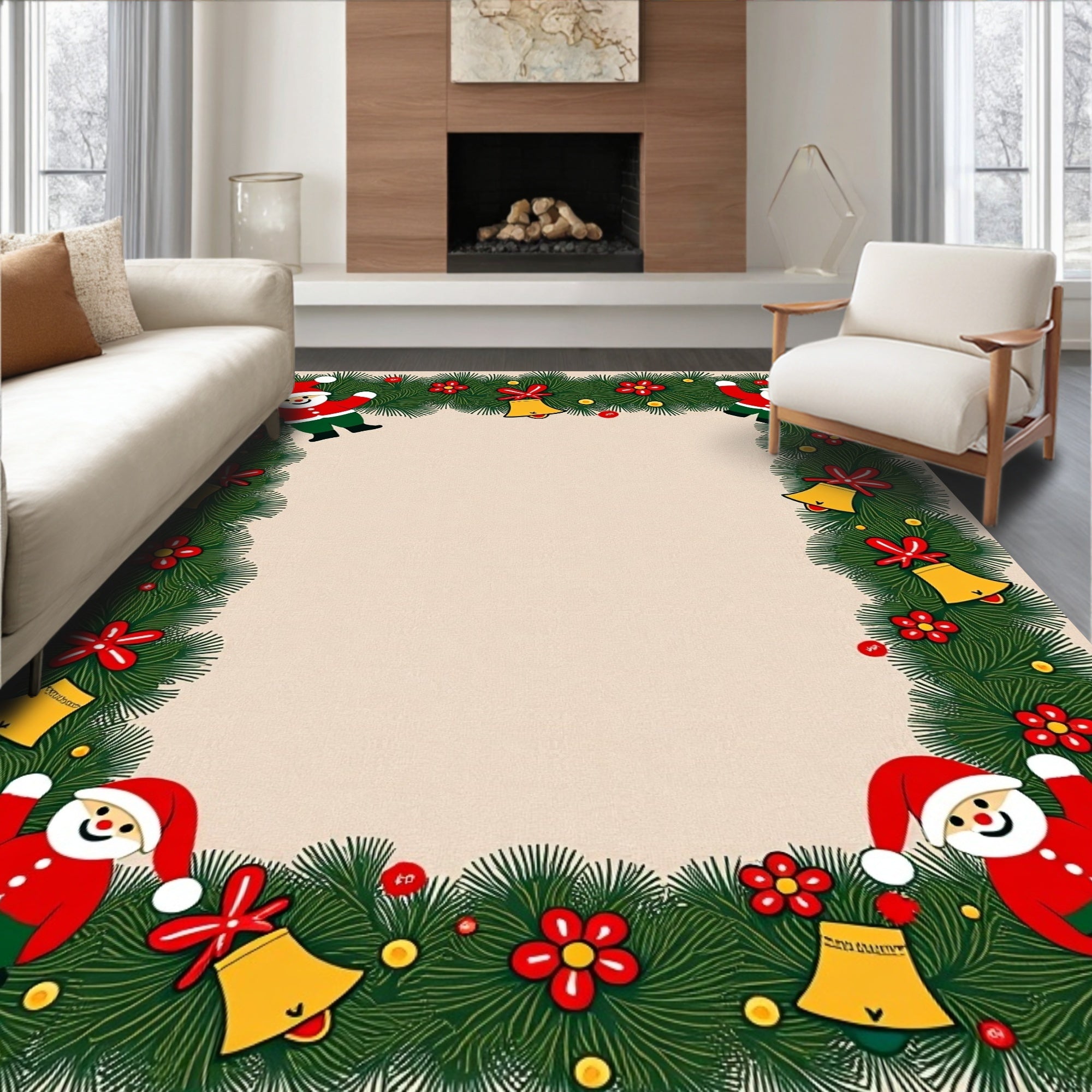Festive Santa Claus Christmas Garland Border Rug