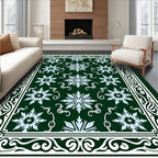 Dark Green Snow Crystal Floral Border Rug