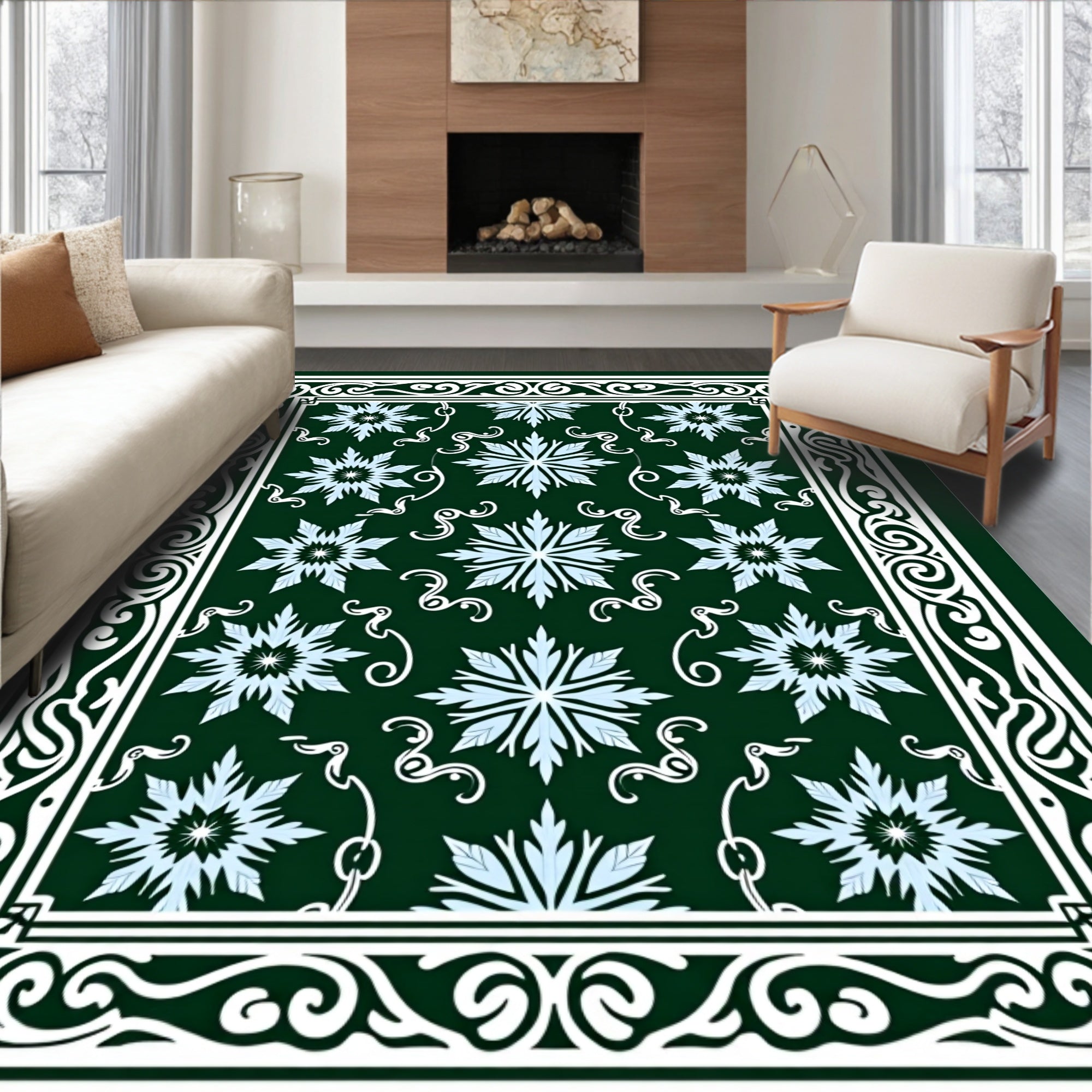 Dark Green Snow Crystal Floral Border Rug