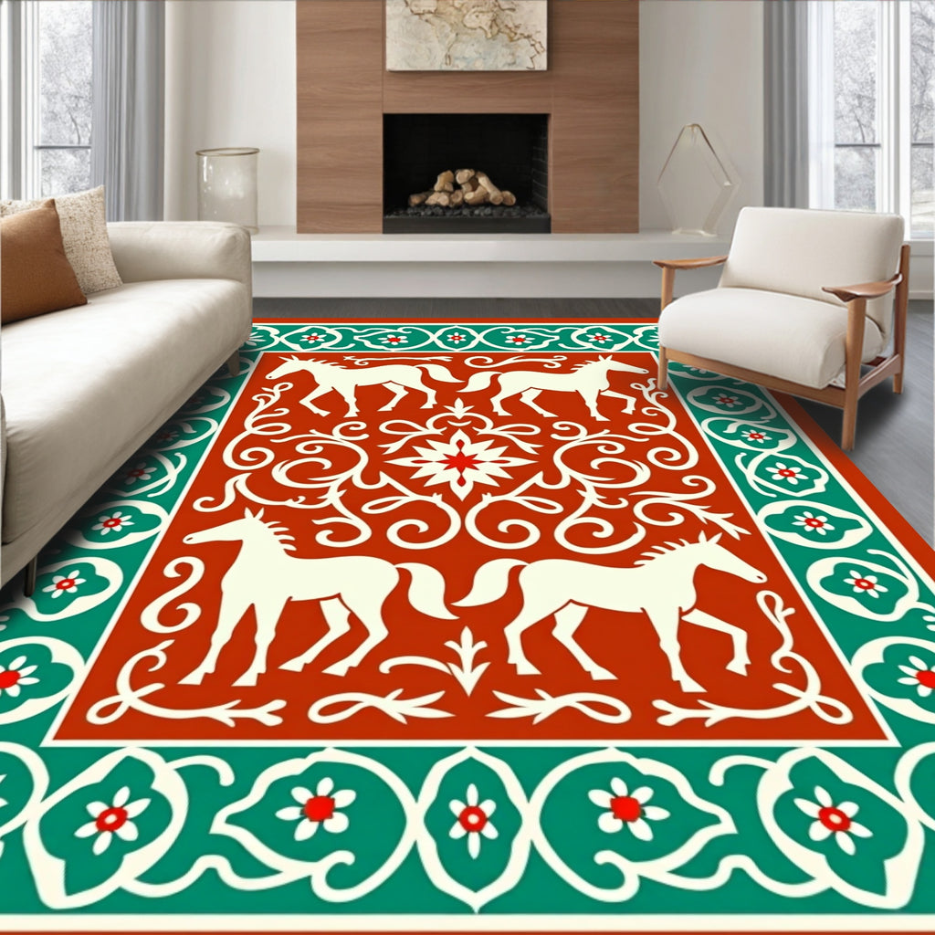 Earthy Orange Horse Floral Border Rug