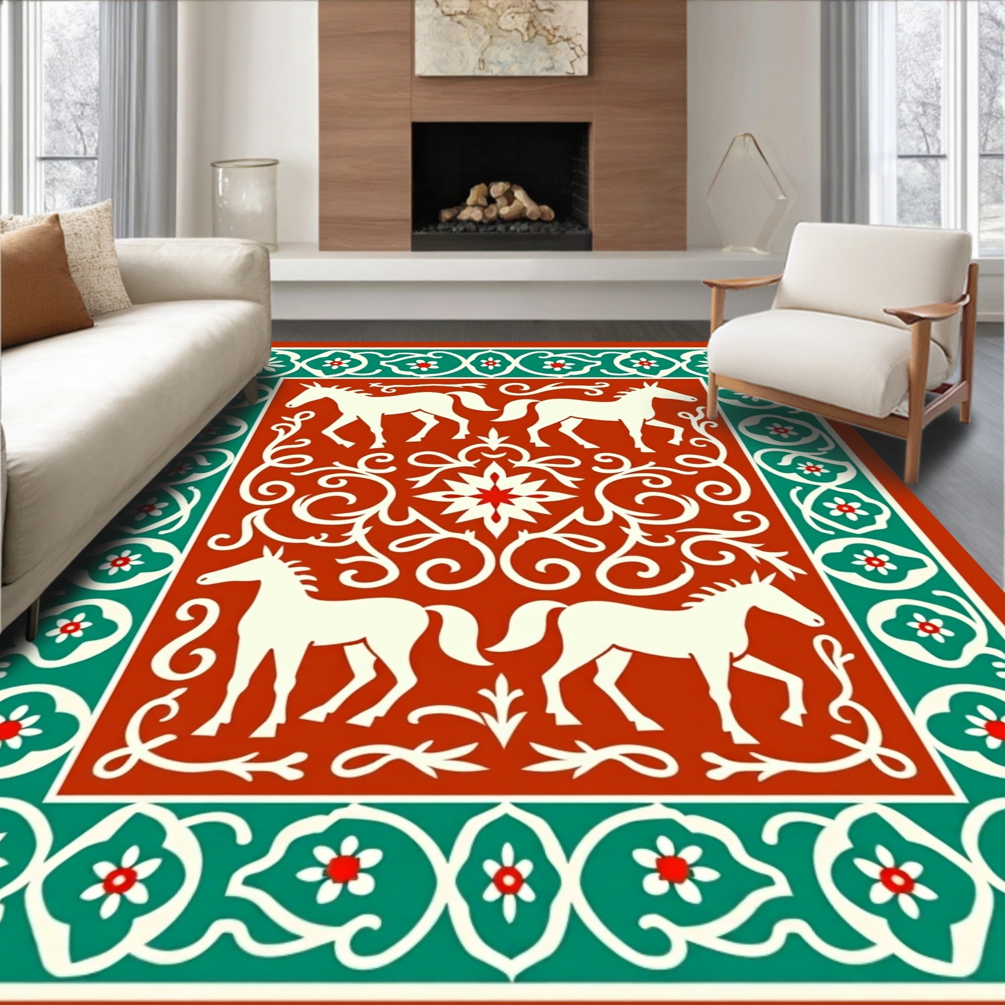 Earthy Orange Horse Floral Border Rug