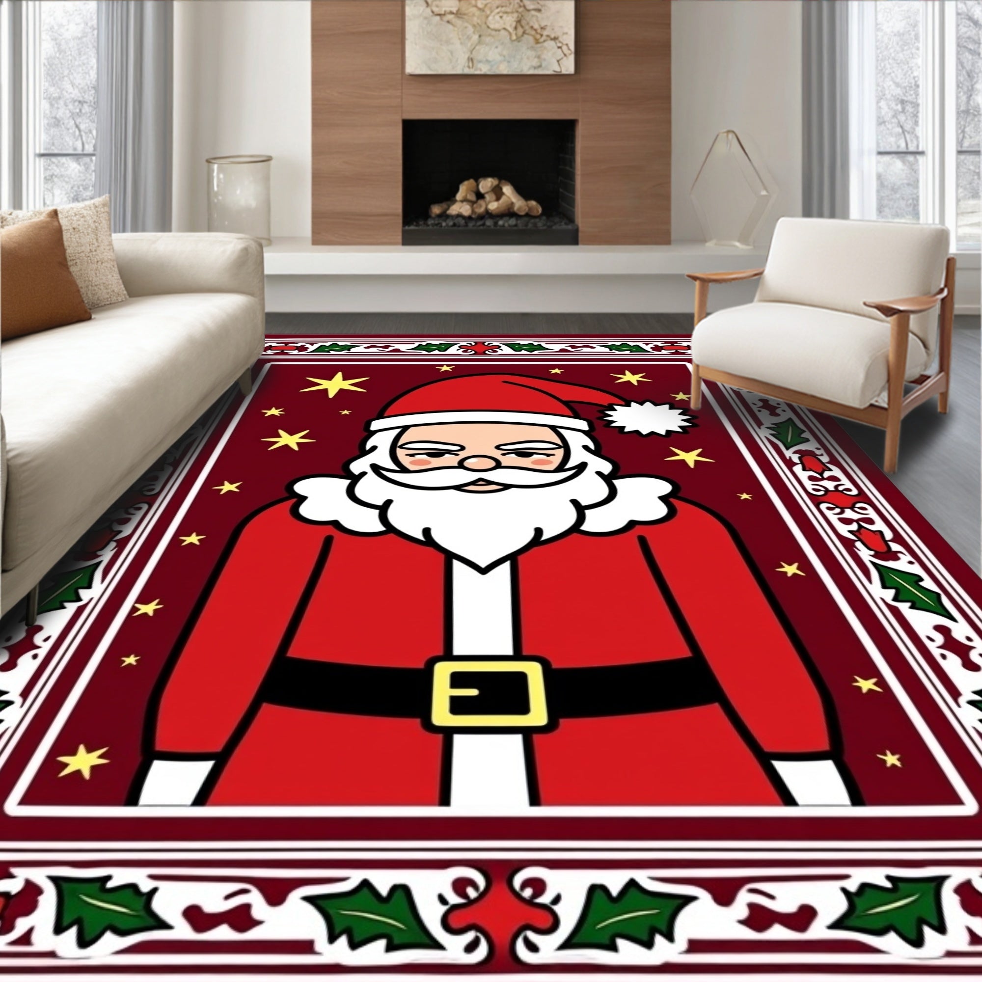 Crimson Santa Claus Holly Border Rug