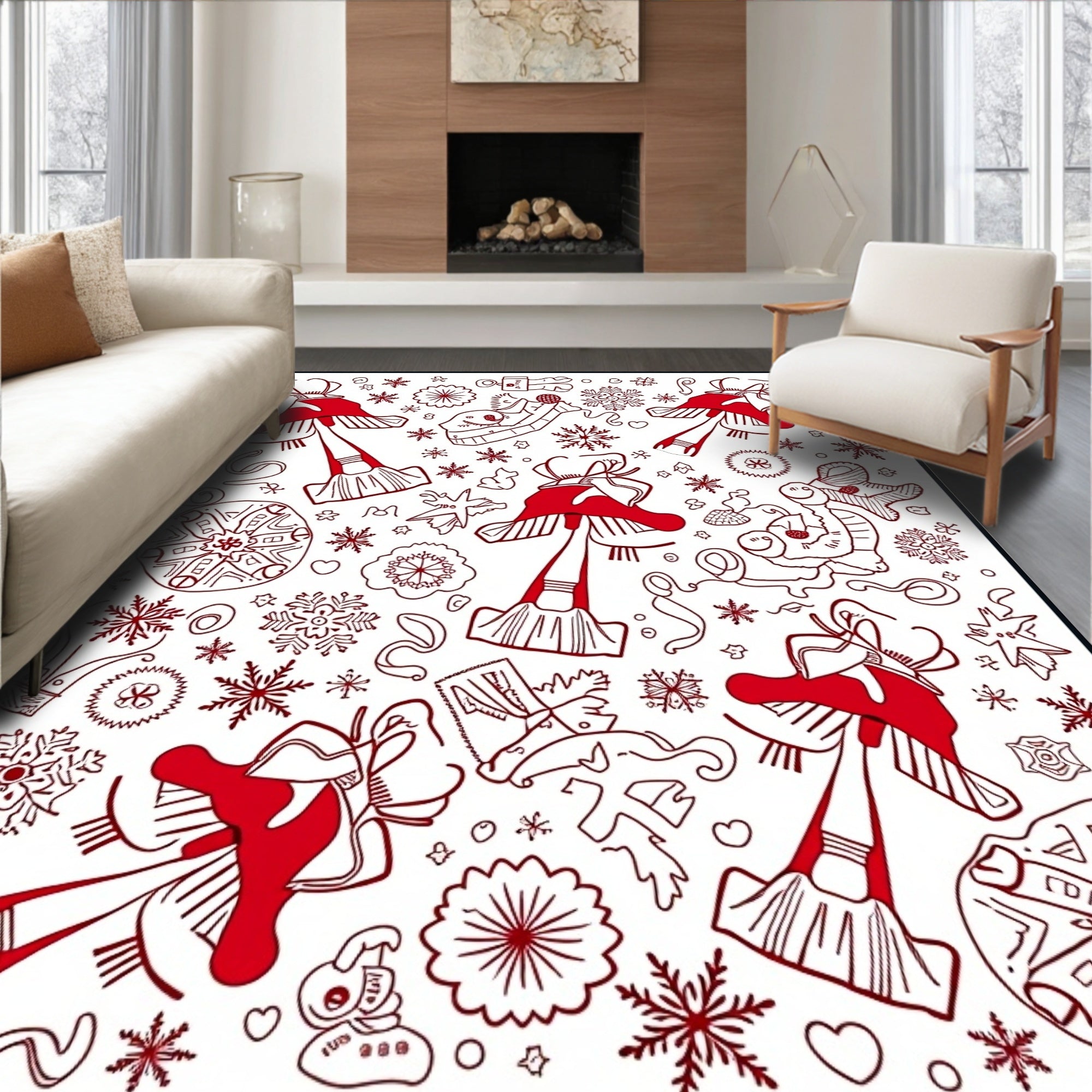 Whimsical Red Mushroom Snowflake Collage Rug