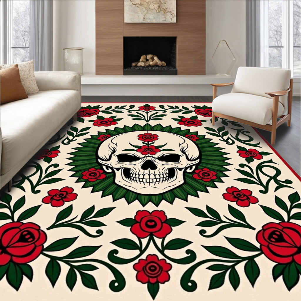 Red Rose Skull Tattoo Art Rug