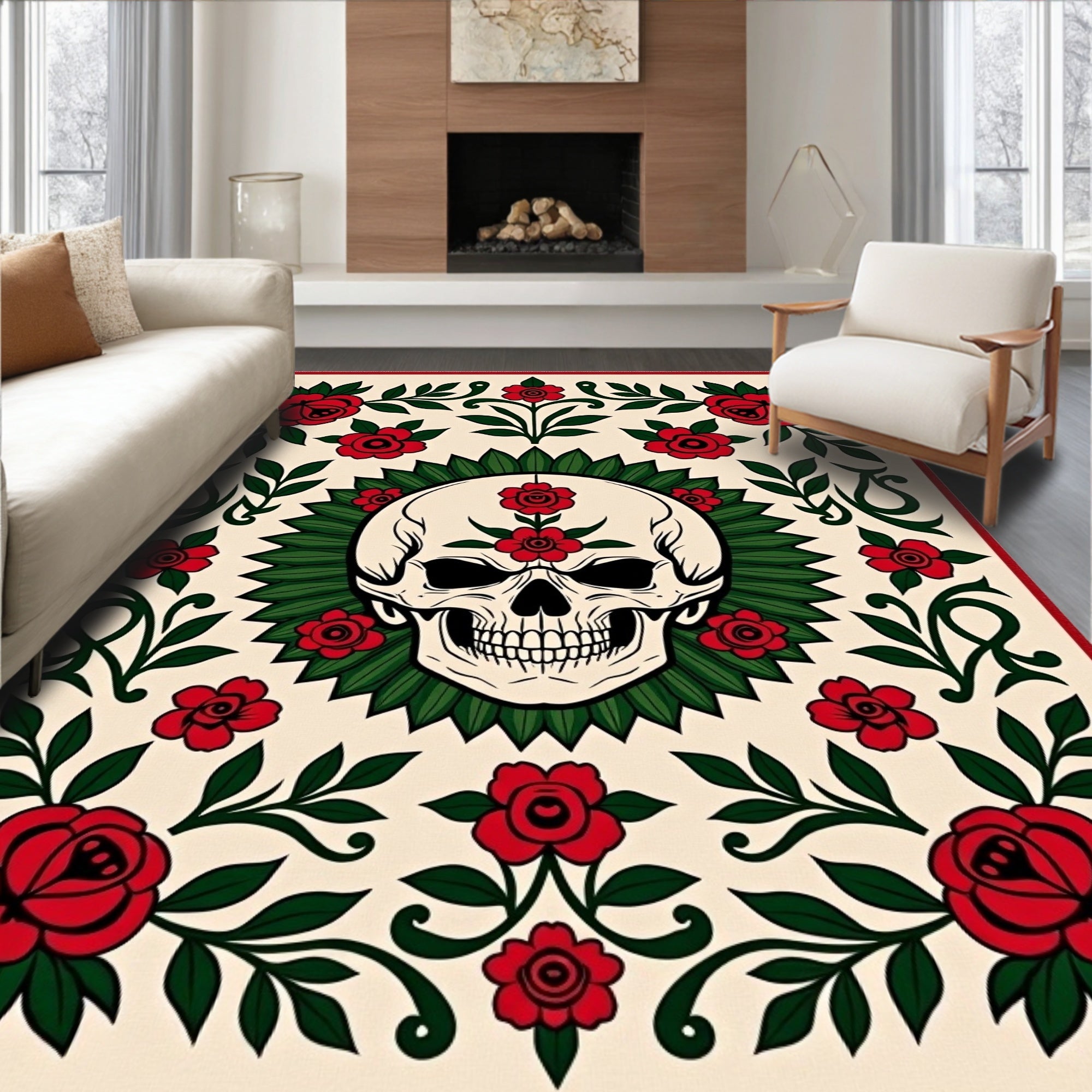Red Rose Skull Tattoo Art Rug