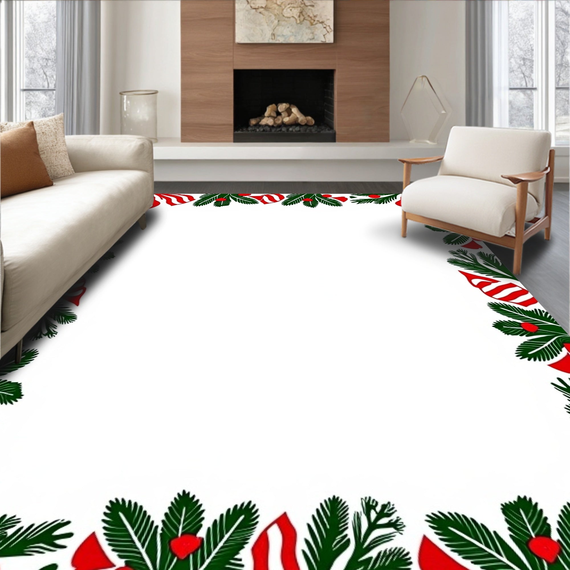 Winter Pine And Red Swirl Border Rug