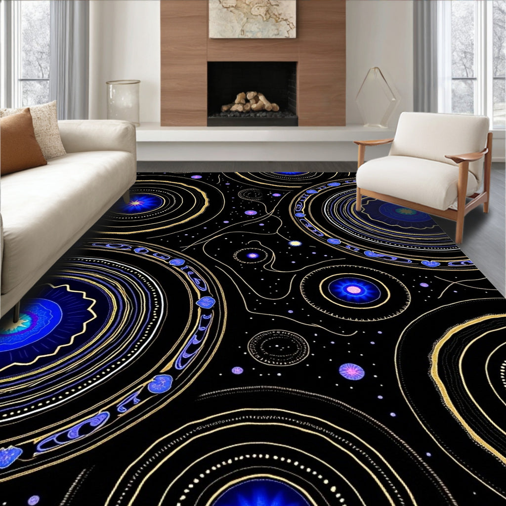 Cosmic Blue Golden Rings Celestial Rug