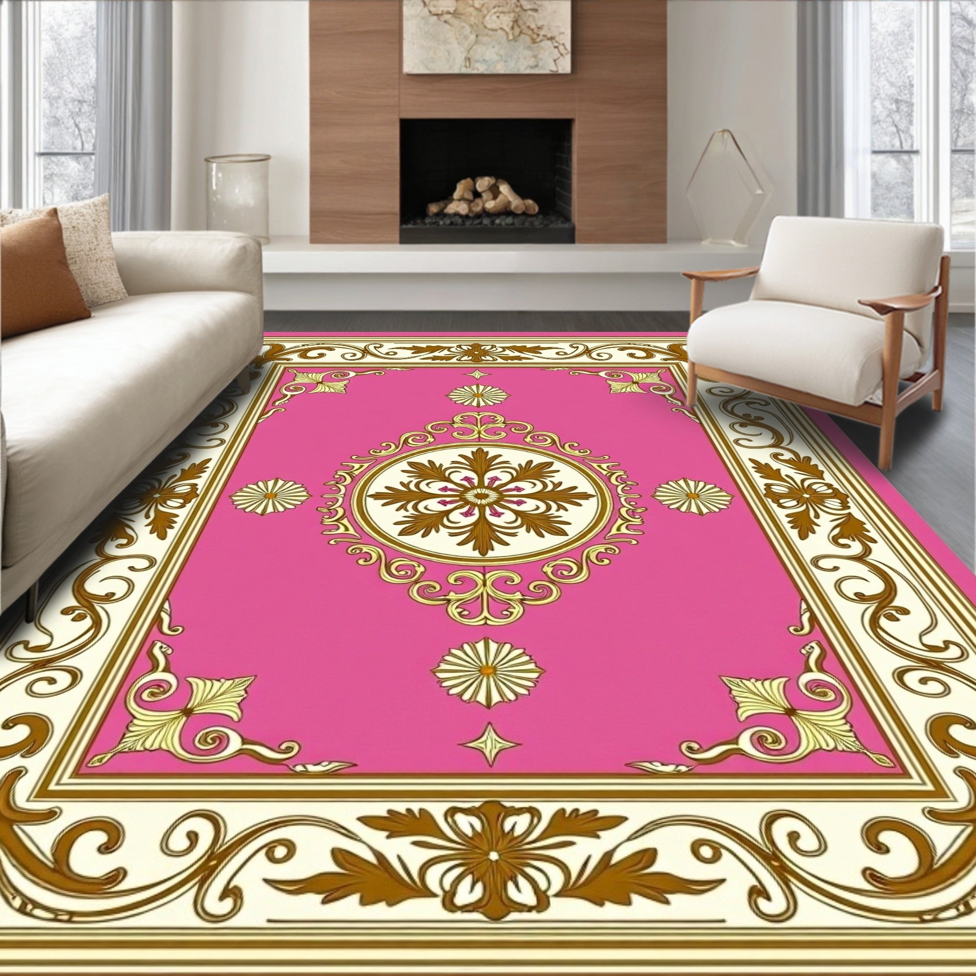 Ornate Pink Gold Floral Medallion Rug