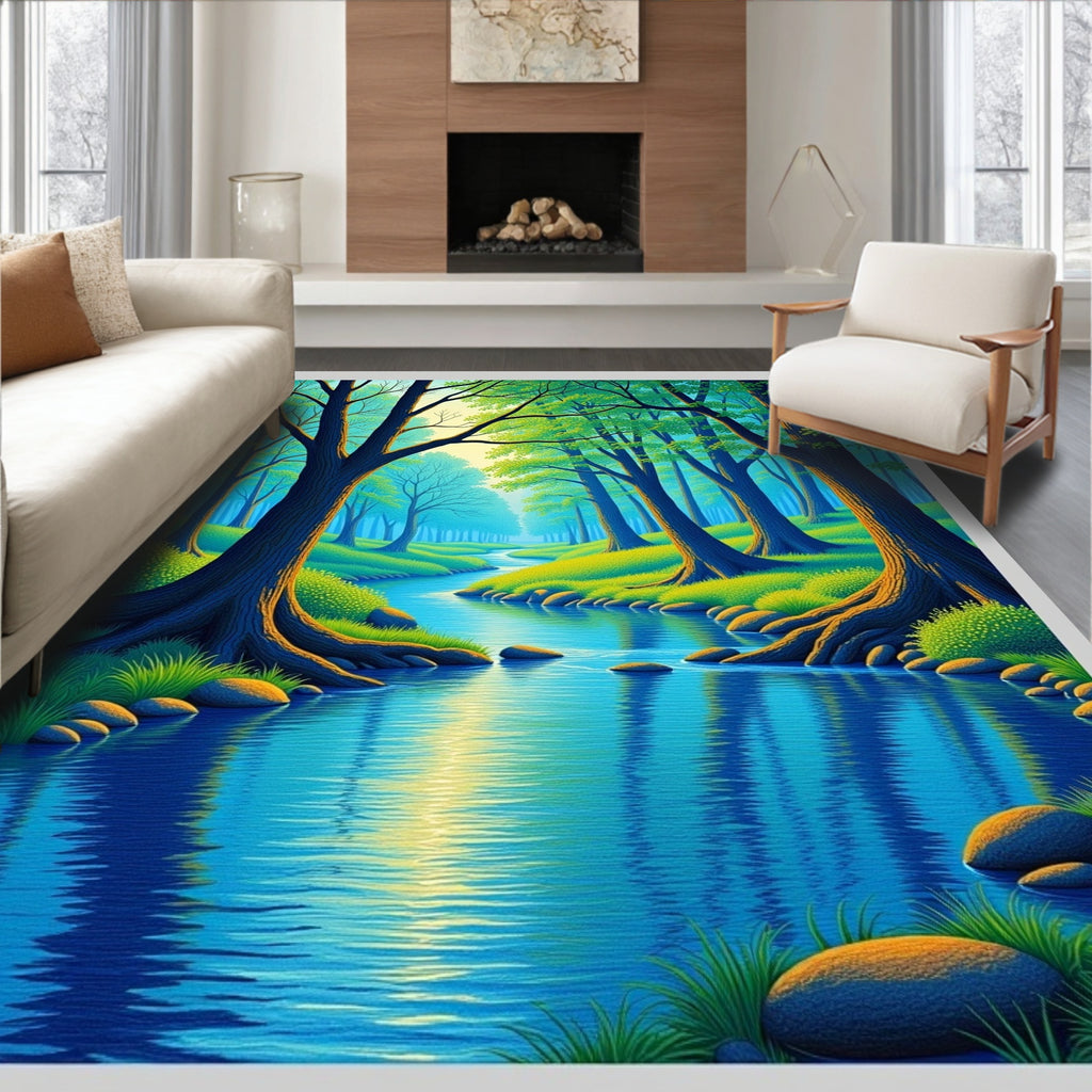 Lush Forest Stream with Bright Sunlight Rug