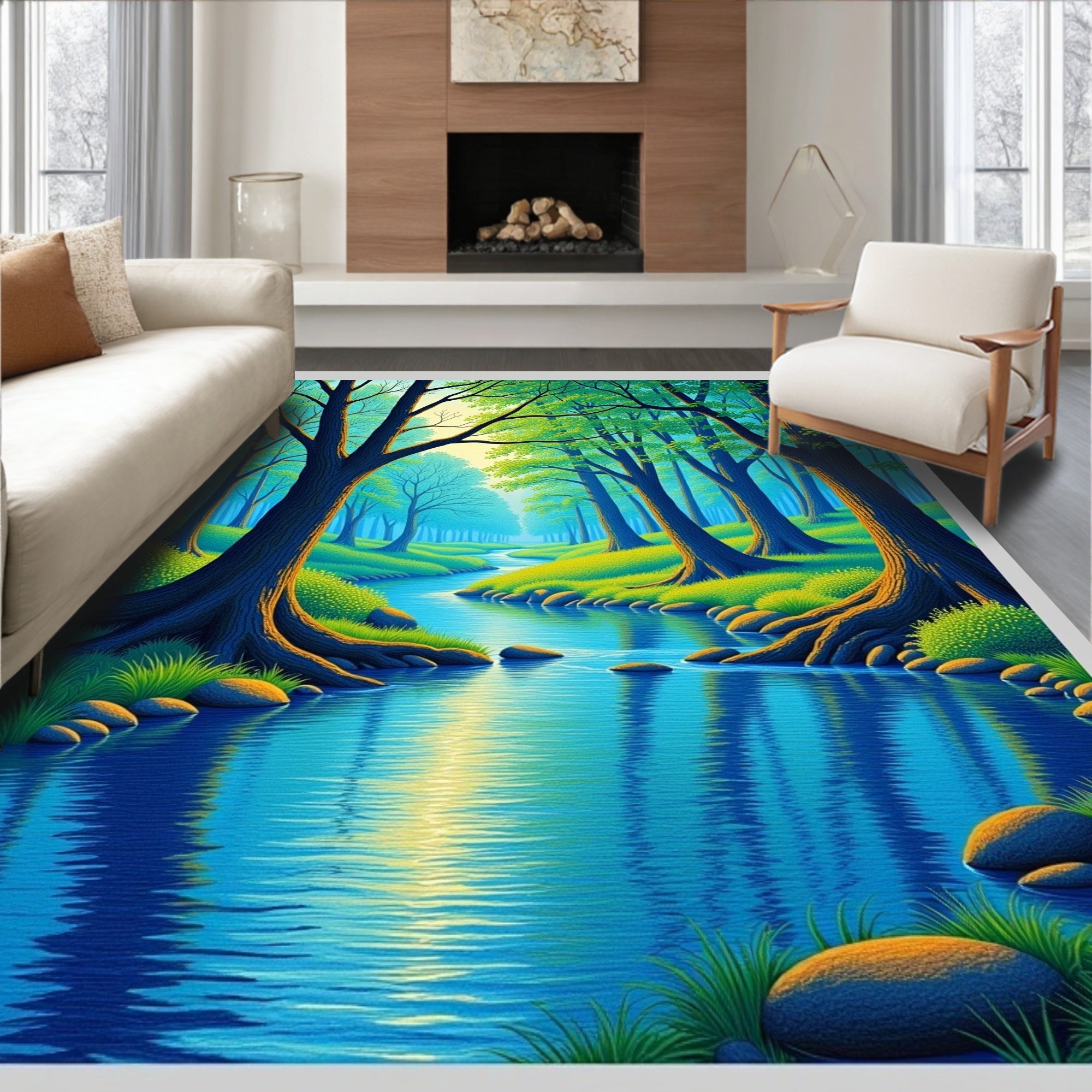 Lush Forest Stream with Bright Sunlight Rug