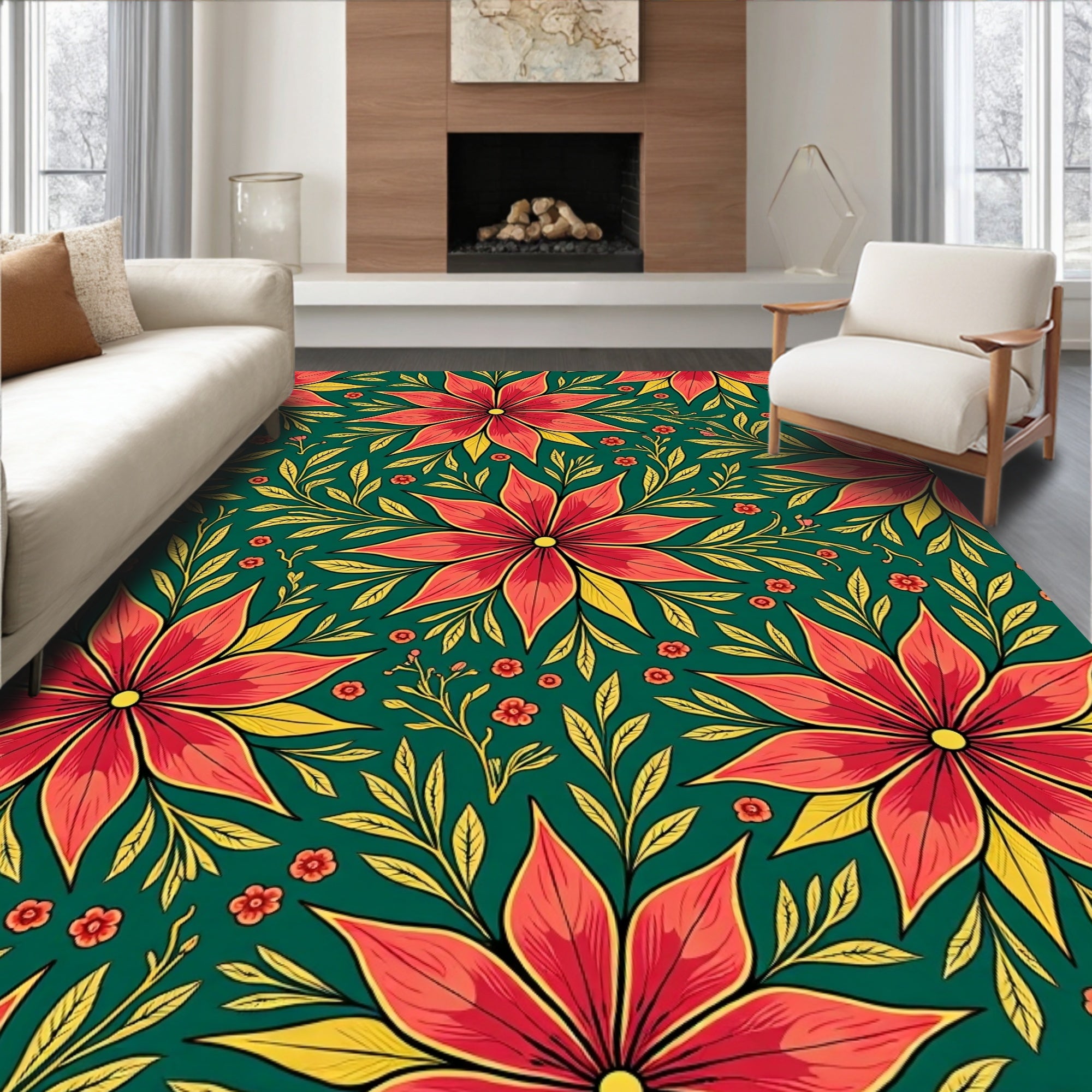 Bold Red Floral Garden Leafy Rug