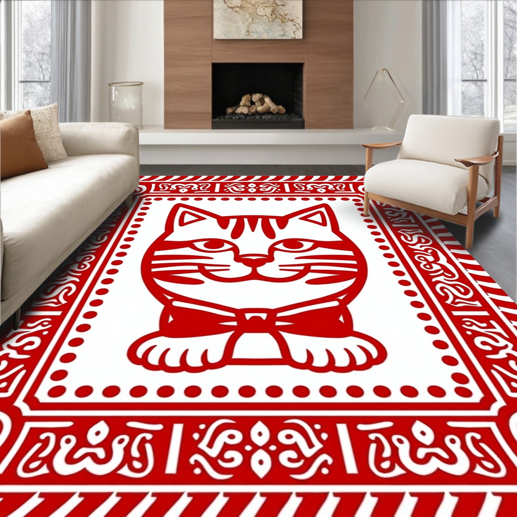 Red Cartoon Cat Bowtie Border Rug