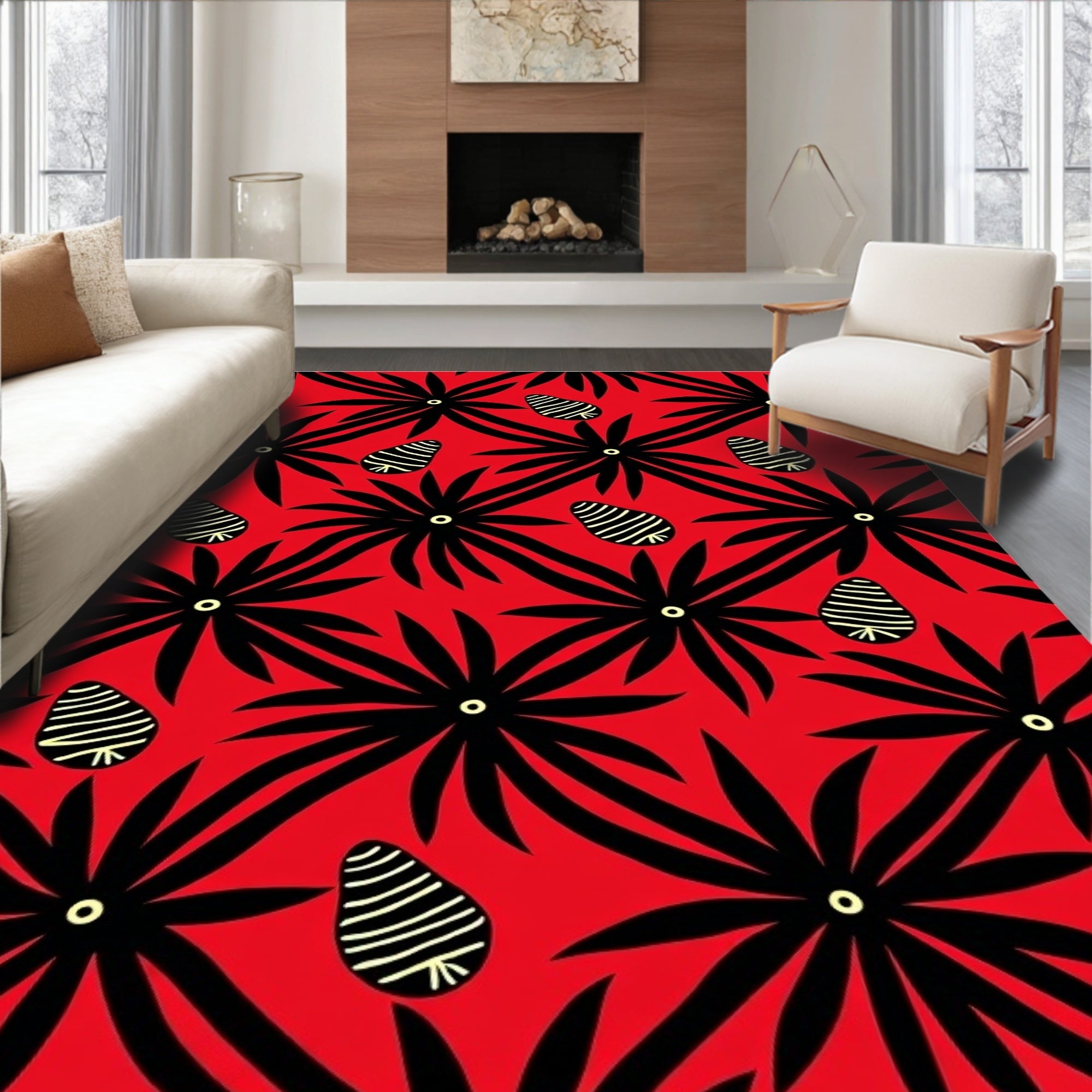 Vibrant Red Black Starburst Seed Rug