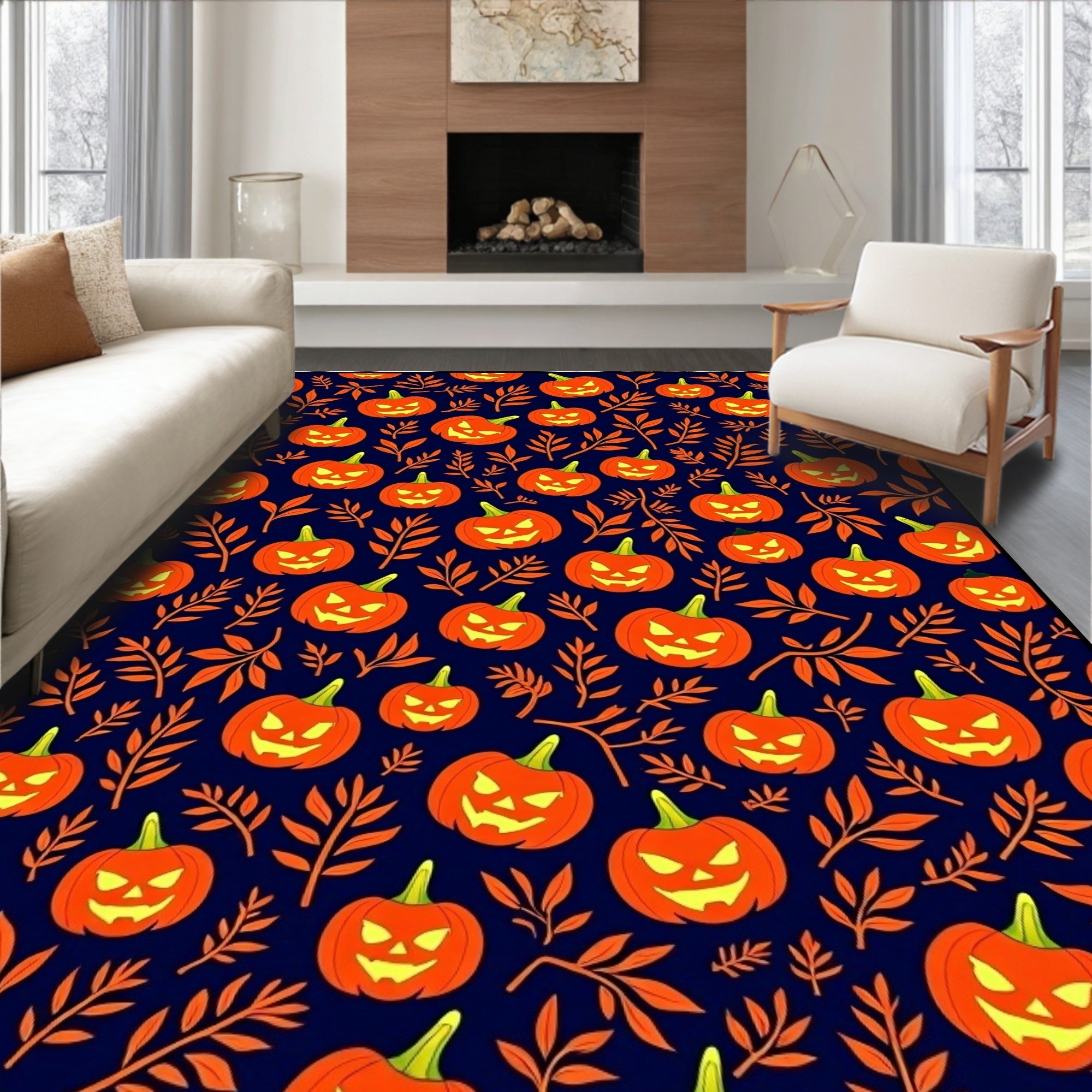 Spooky Orange Jack-o-Lantern Fall Branches Rug